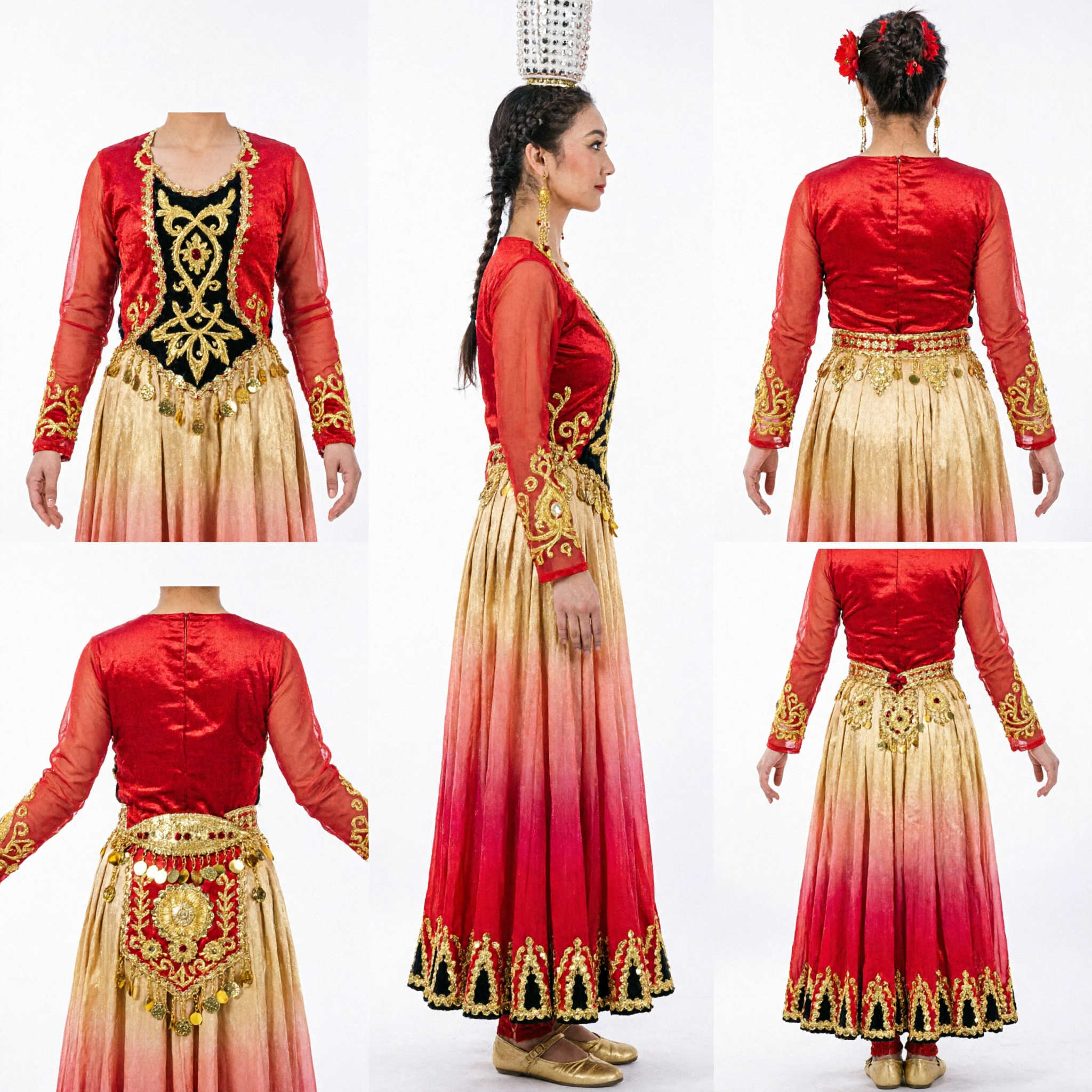 Traditional Chinese Uyghur Ethnic Dance Costume Women Red Gold Gradient Skirt Stage Performance Dress - Asian Costume