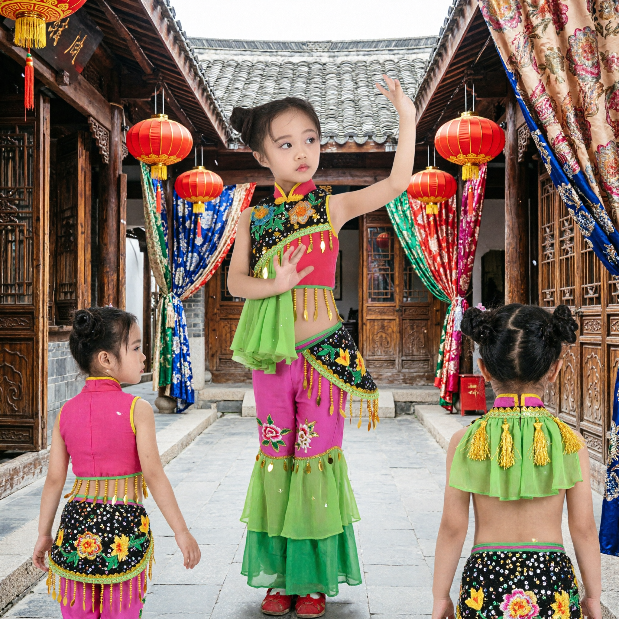 Girls Chinese Ethnic Minority Dance Costume Traditional Folk Performance Outfit for Kids Stage Show - Asian Costume