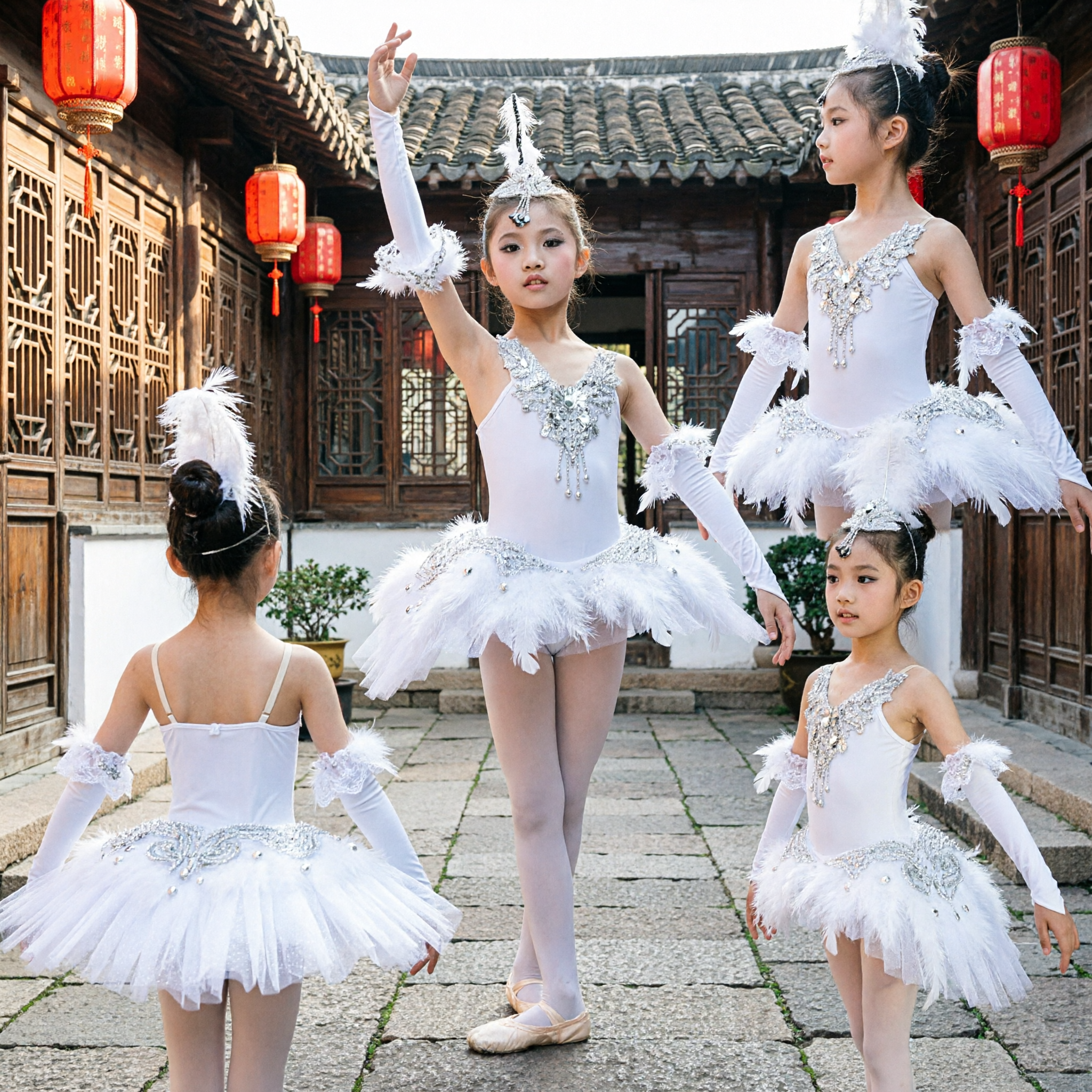 Girls White Swan Ballet Tutu Costume Set with Feather Headpiece and Sequins for Stage Dance Performance - Asian Costume