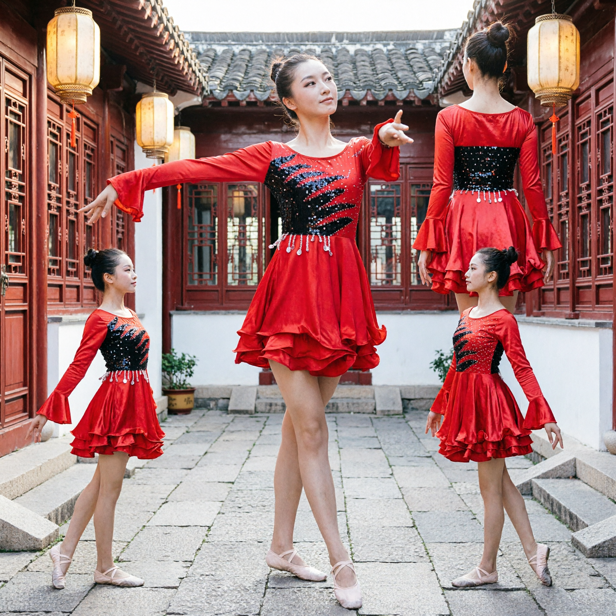 Girls Red Latin Dance Dress Long Sleeve Ballroom Costume with Sequins and Fringe for Competition - Asian Costume