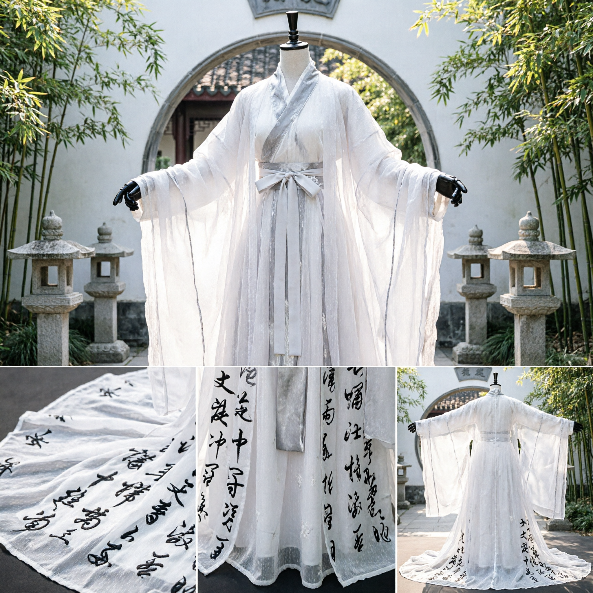 Traditional Chinese White Hanfu Robe Ancient Swordsman Costume with Calligraphy Print Cosplay Outfit for Adults - Asian Costume
