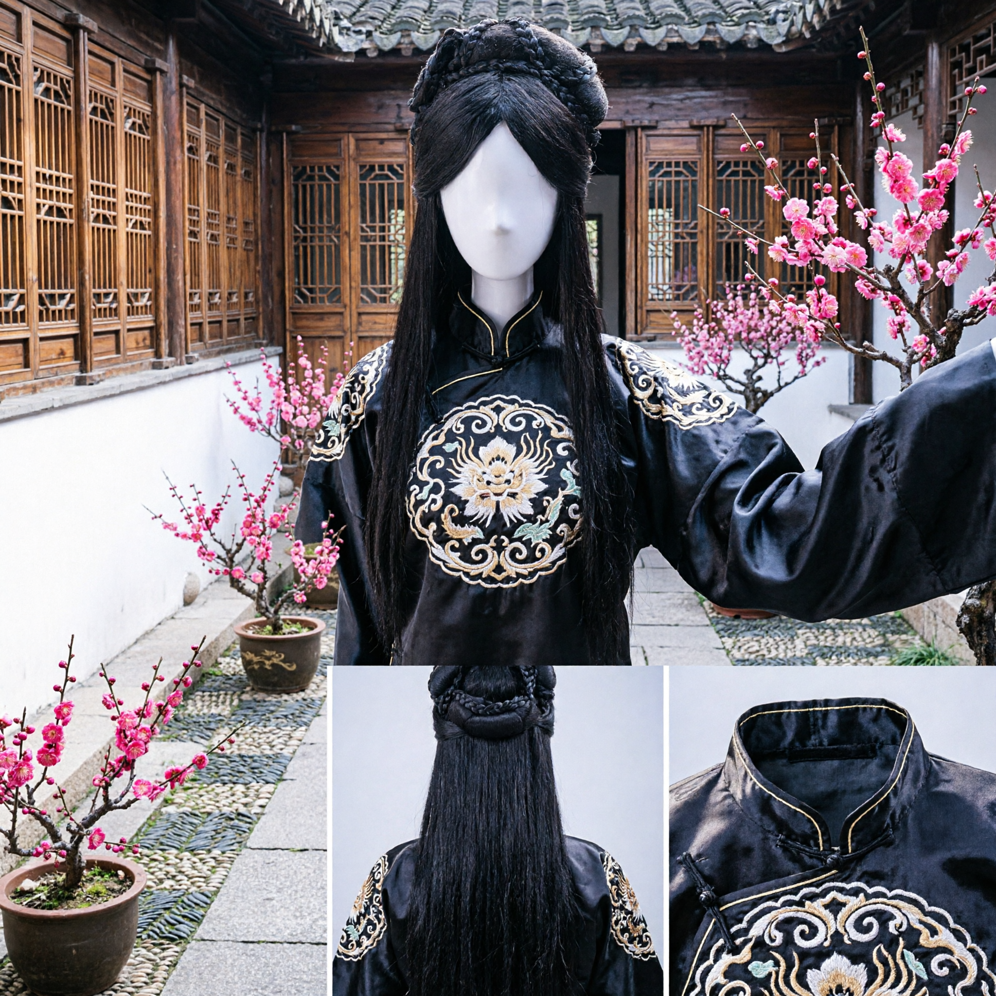 Ancient Chinese Hanfu Wig Black Long Hair with Braided Crown Traditional Costume Hairpiece for Women Cosplay - Asian Costume