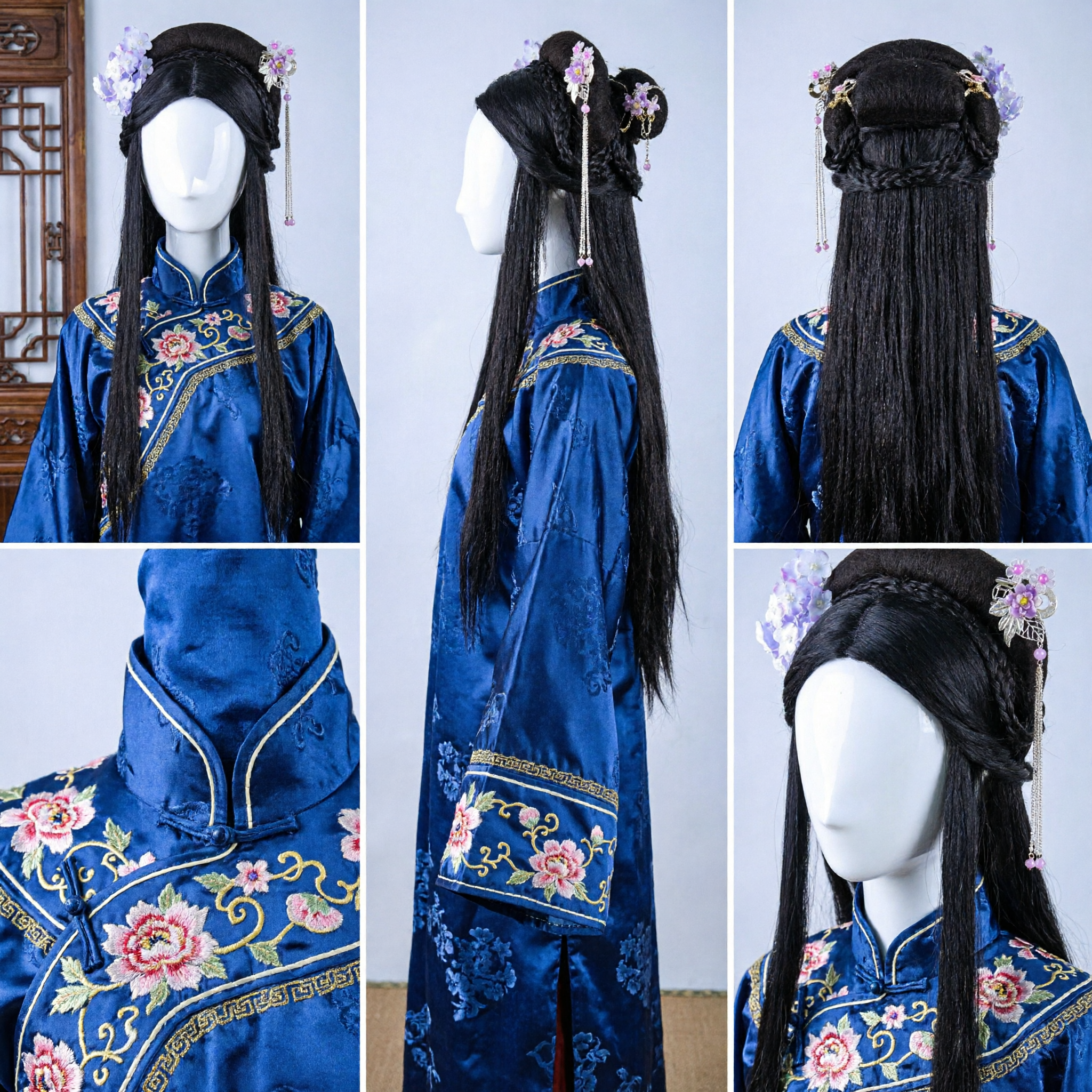 Ancient Chinese Hanfu Wig Princess Costume Black Long Hairpiece with Floral Hair Accessories for Cosplay - Asian Costume