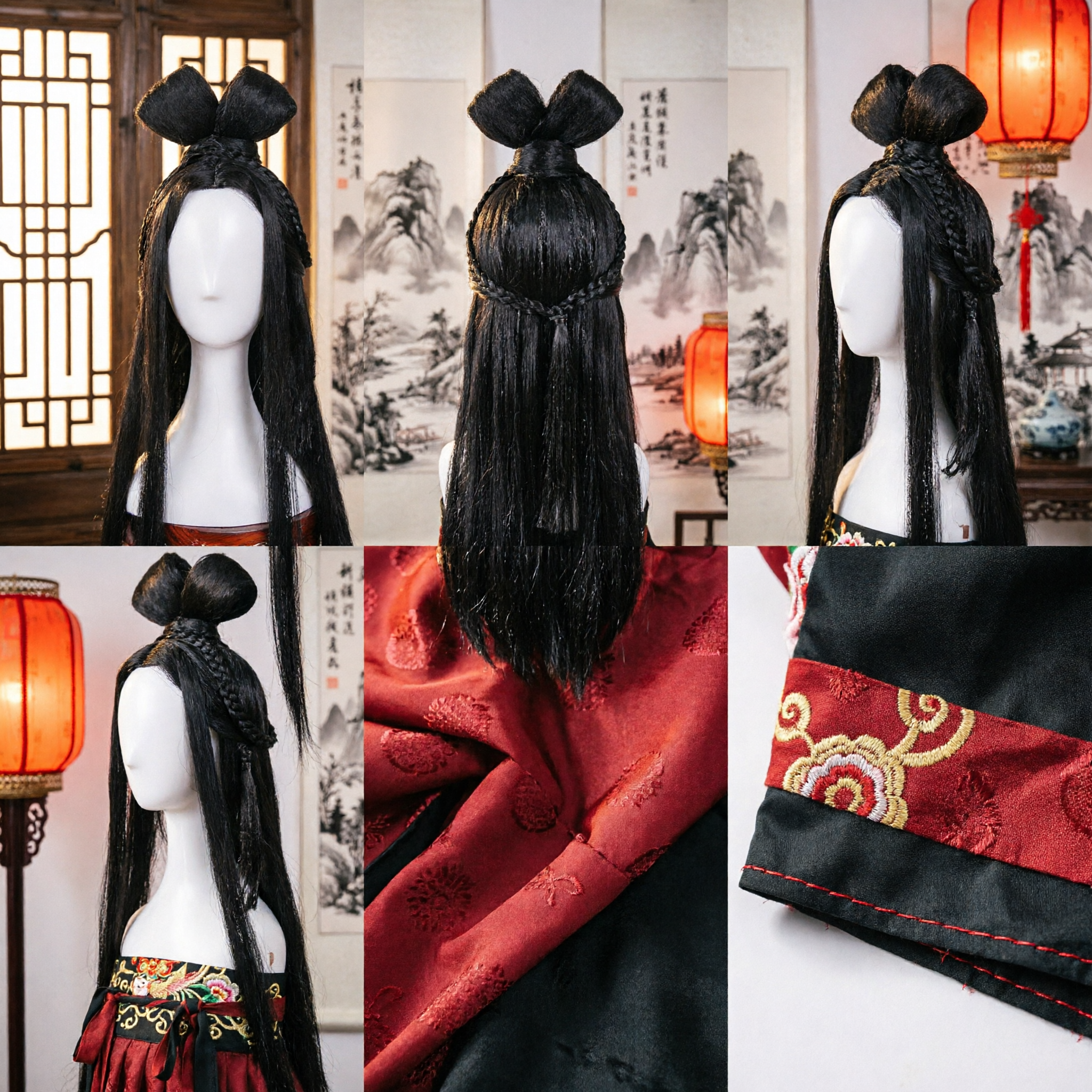 Traditional Chinese Ancient Style Black Long Hair Wig Double Loop Bun Hanfu Cosplay Hairpiece for Women - Asian Costume