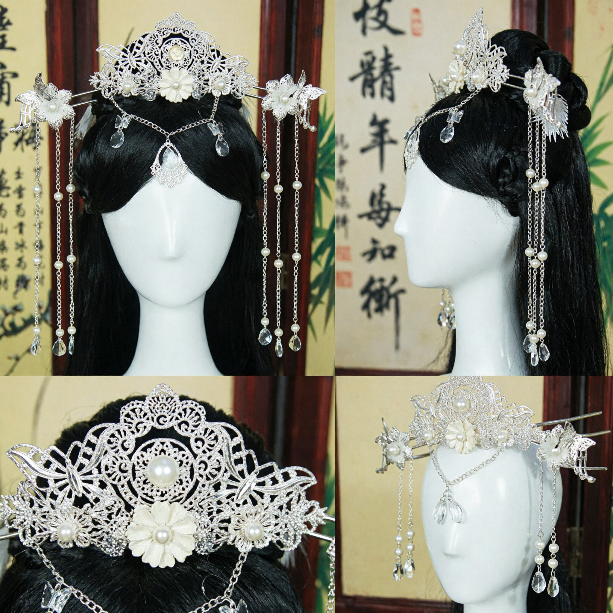 Exquisite Ancient Chinese Bridal Hair Crown Silver Filigree Headpiece with Pearl Tassels for Hanfu Wedding - Asian Costume
