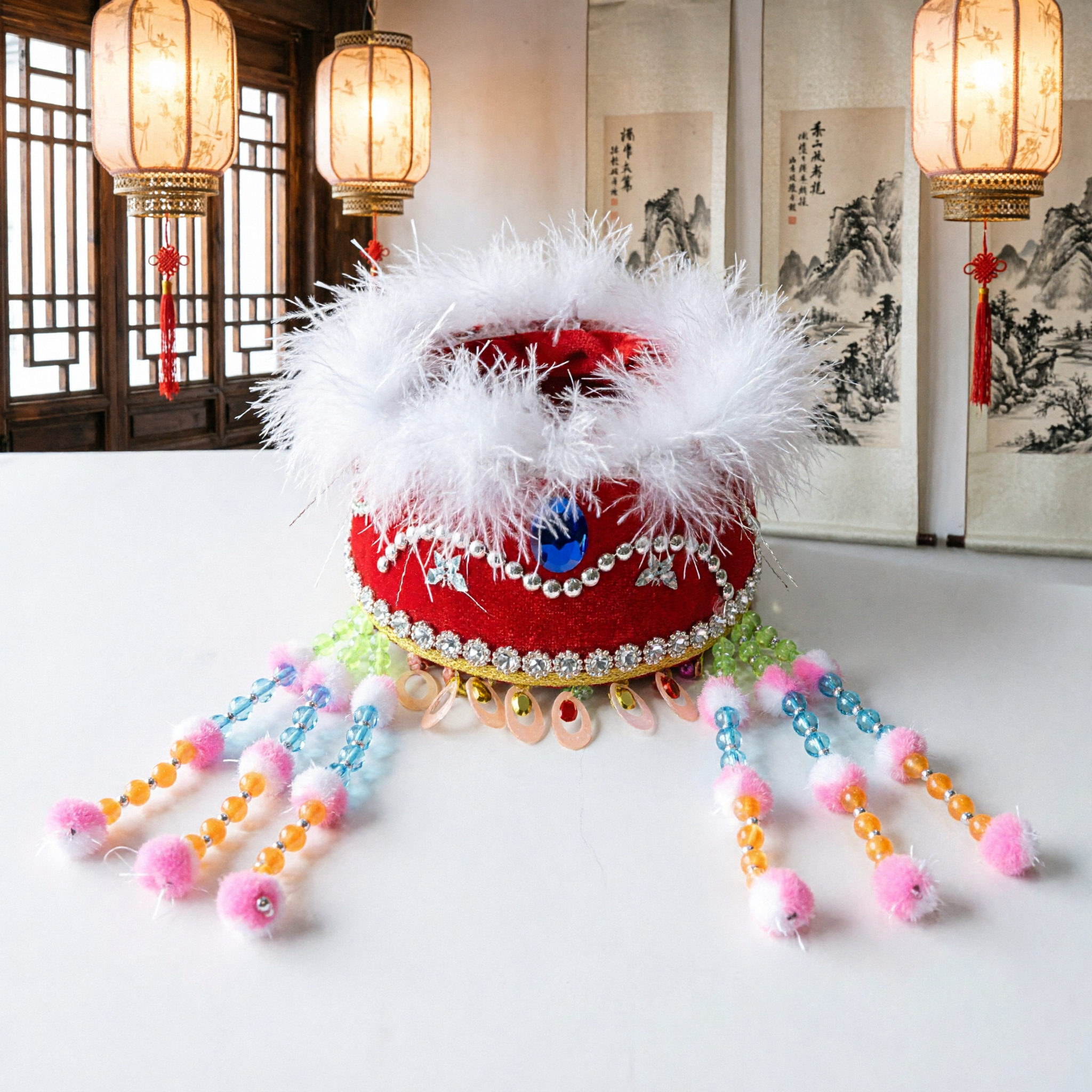 Traditional Chinese Red Baby Hat for Lunar New Year Toddler Festival Costume Headpiece with Fur Trim - Asian Costume