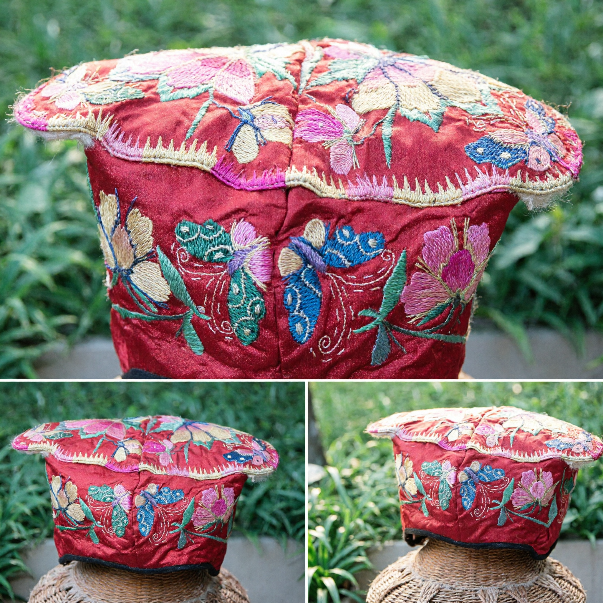 Traditional Chinese Red Embroidered Silk Hat for Children Folk Art Costume Cultural Accessory - Asian Costume