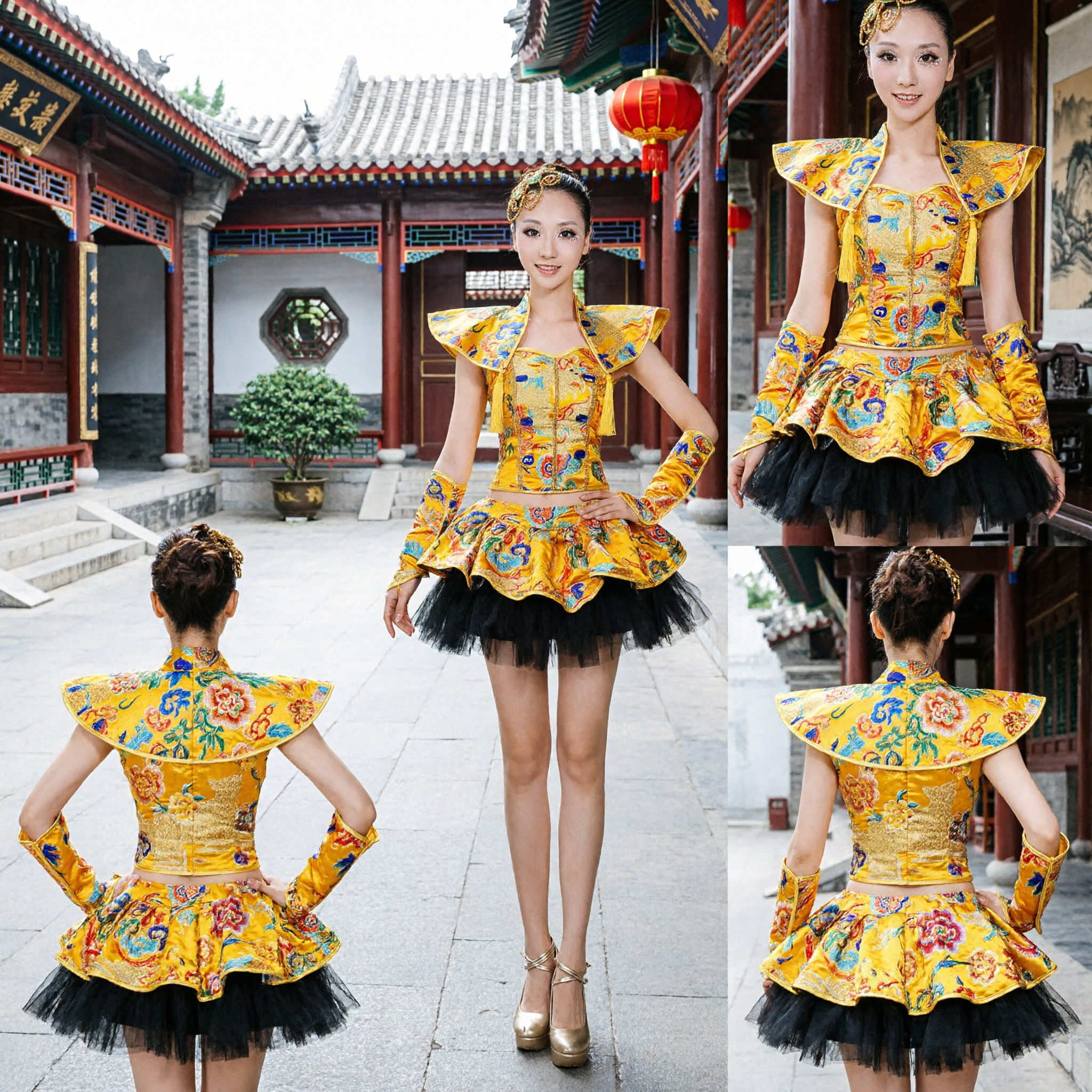Women's Traditional Chinese Folk Dance Costume Yellow Embroidered Stage Performance Dress for Yangge and Fan Dance - Asian Costume