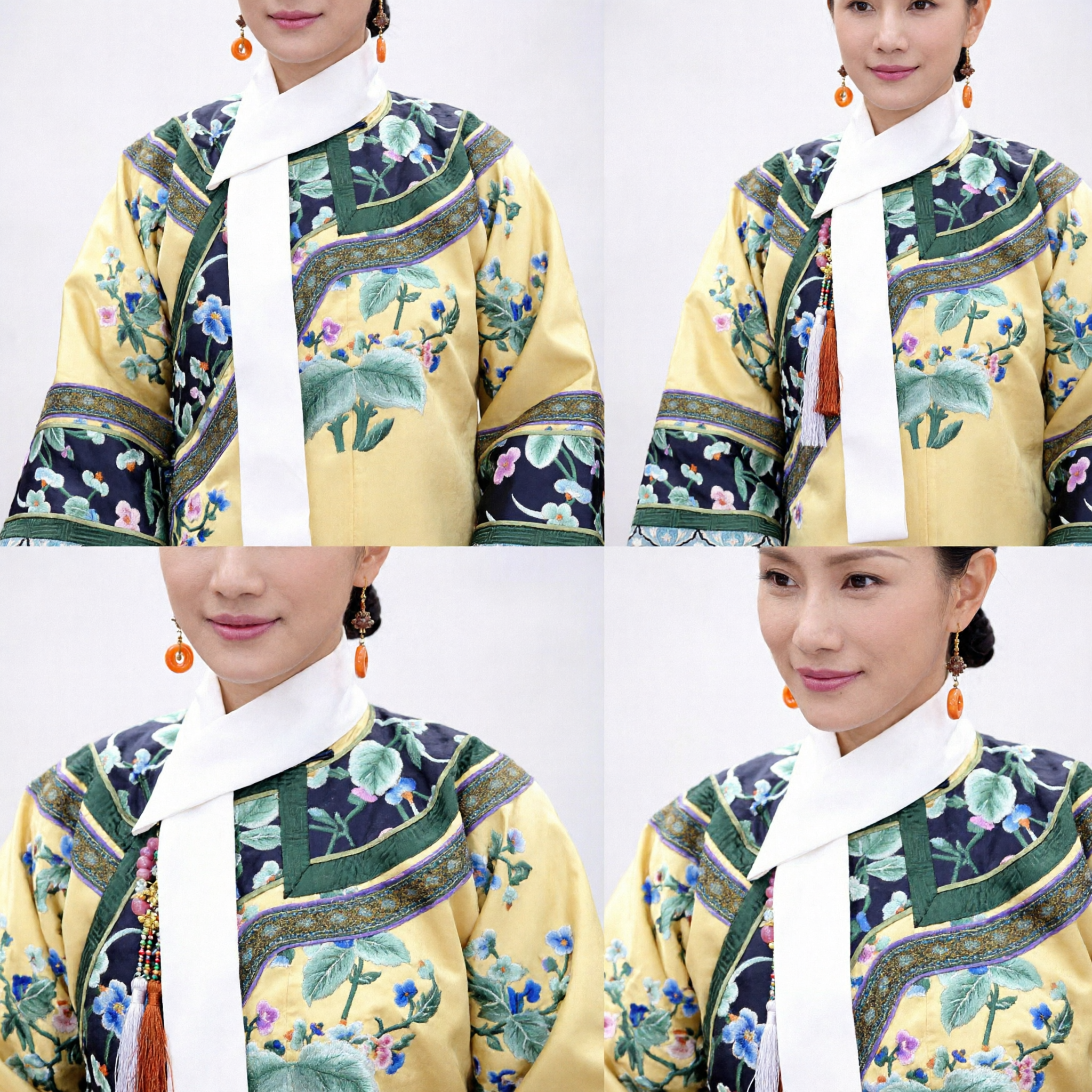 Traditional Chinese Qing Dynasty Manchu Princess Costume Yellow Embroidered Robe and Headdress Set for Women - Asian Costume