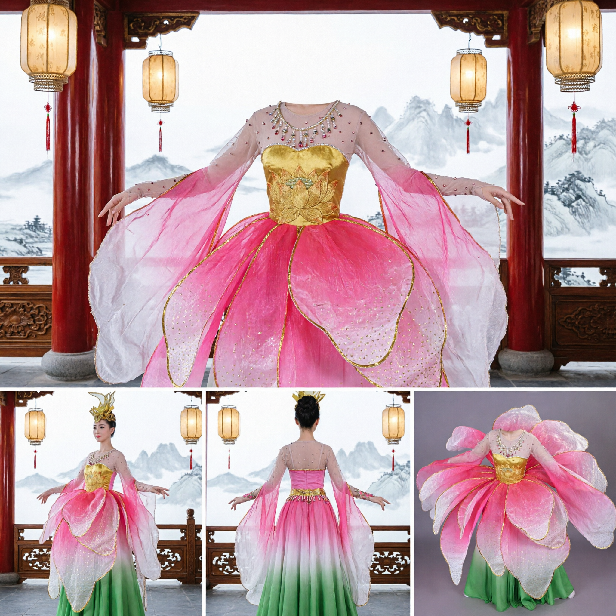 Professional Chinese Lotus Flower Dance Costume Traditional Stage Performance Dress for Women Folk Dance Show - Asian Costume