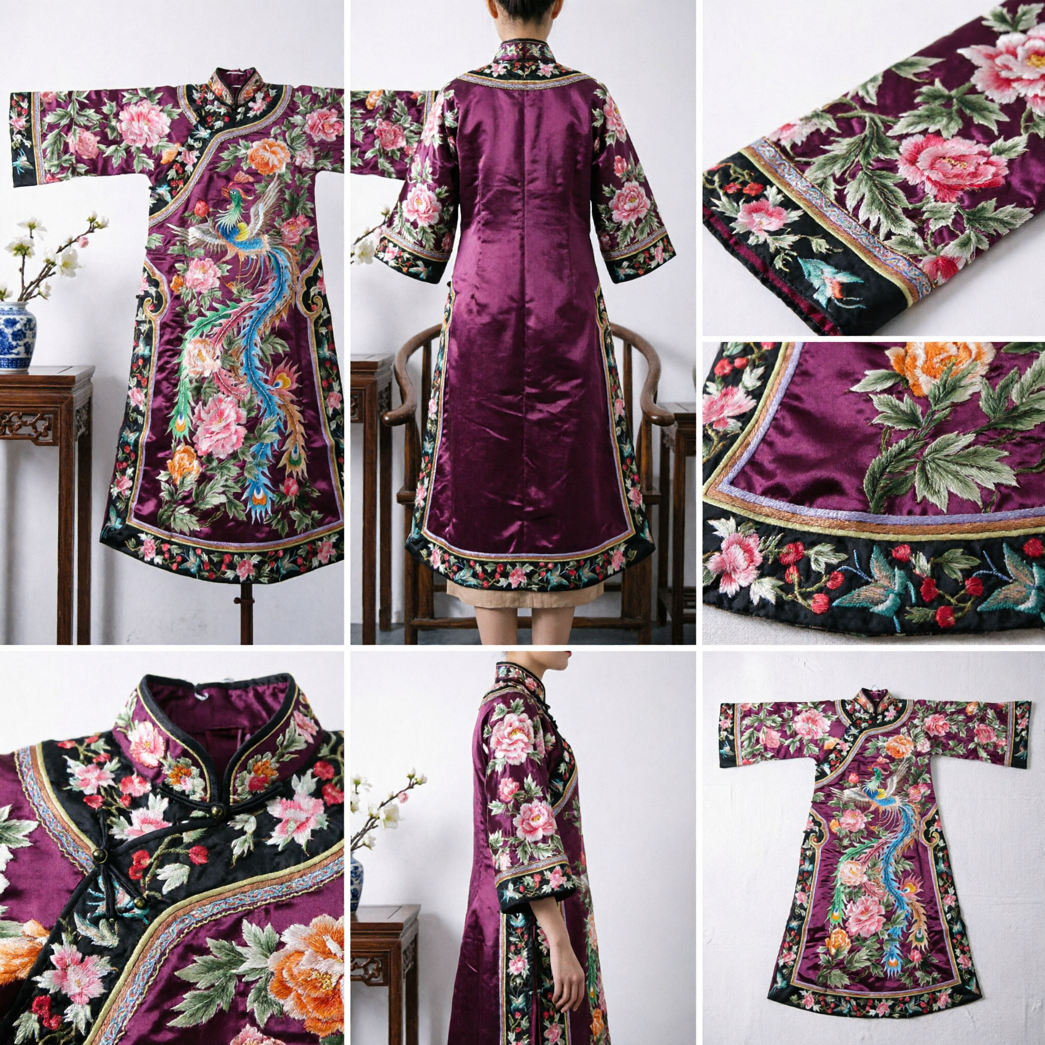 Traditional Chinese Phoenix Embroidery Purple Silk Long Robe Cheongsam for Women Wedding Stage Costume - Asian Costume