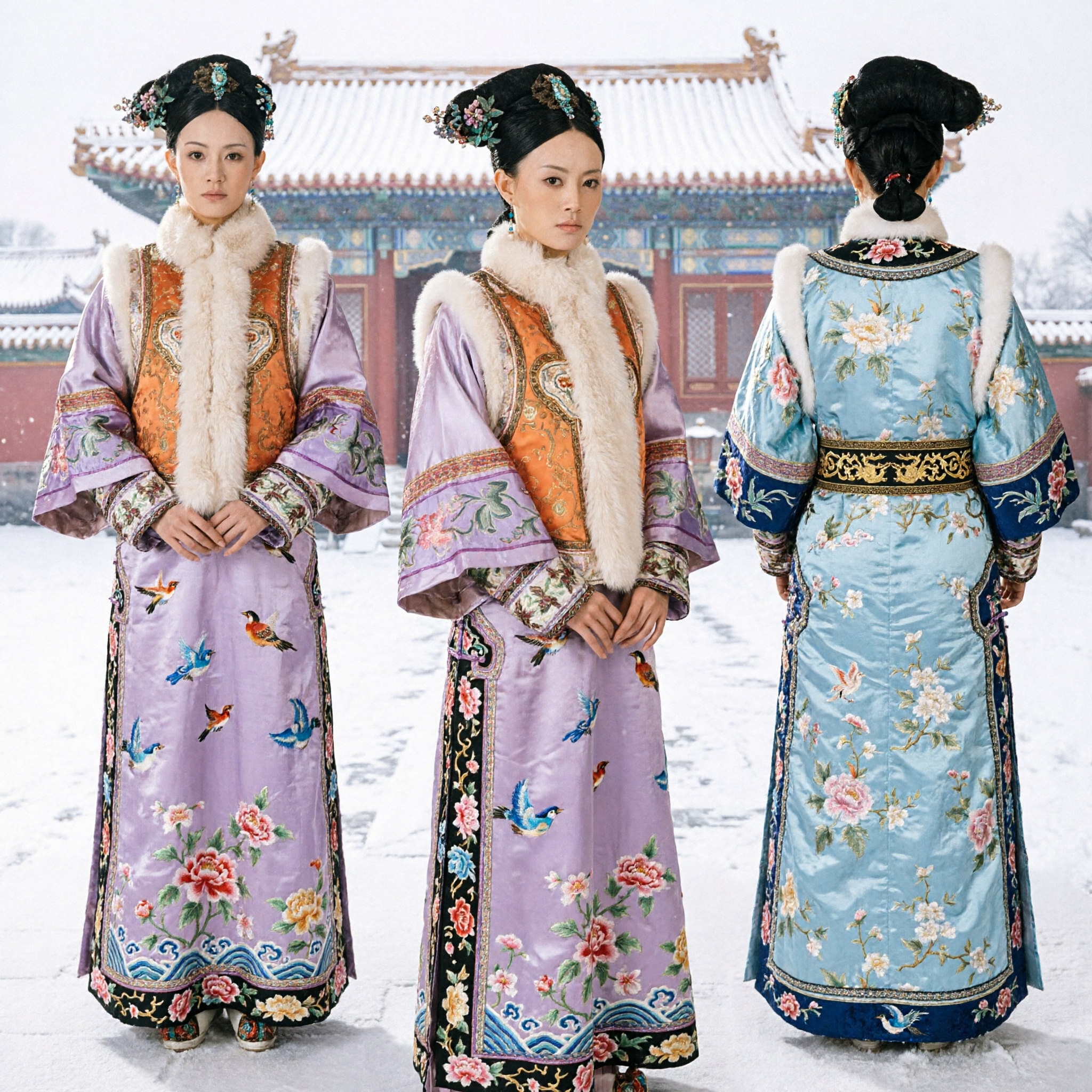 Ancient Chinese Qing Dynasty Palace Lady Costume Purple Embroidered Fur Collar Robe for Women Historical Cosplay - Asian Costume