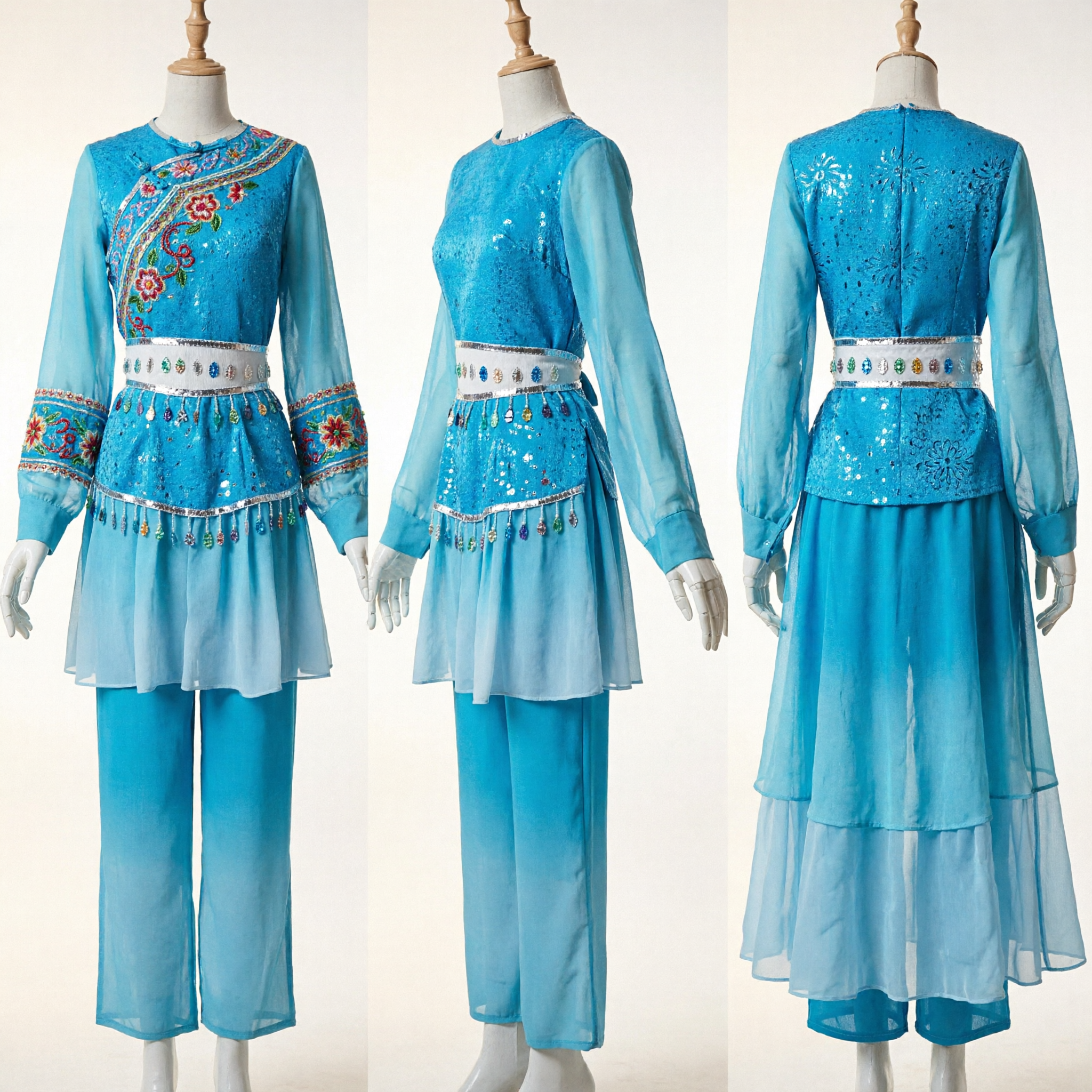 Traditional Chinese Blue Fan Dance Costume Sequined Top and Pants Set for Women Stage Performance - Asian Costume