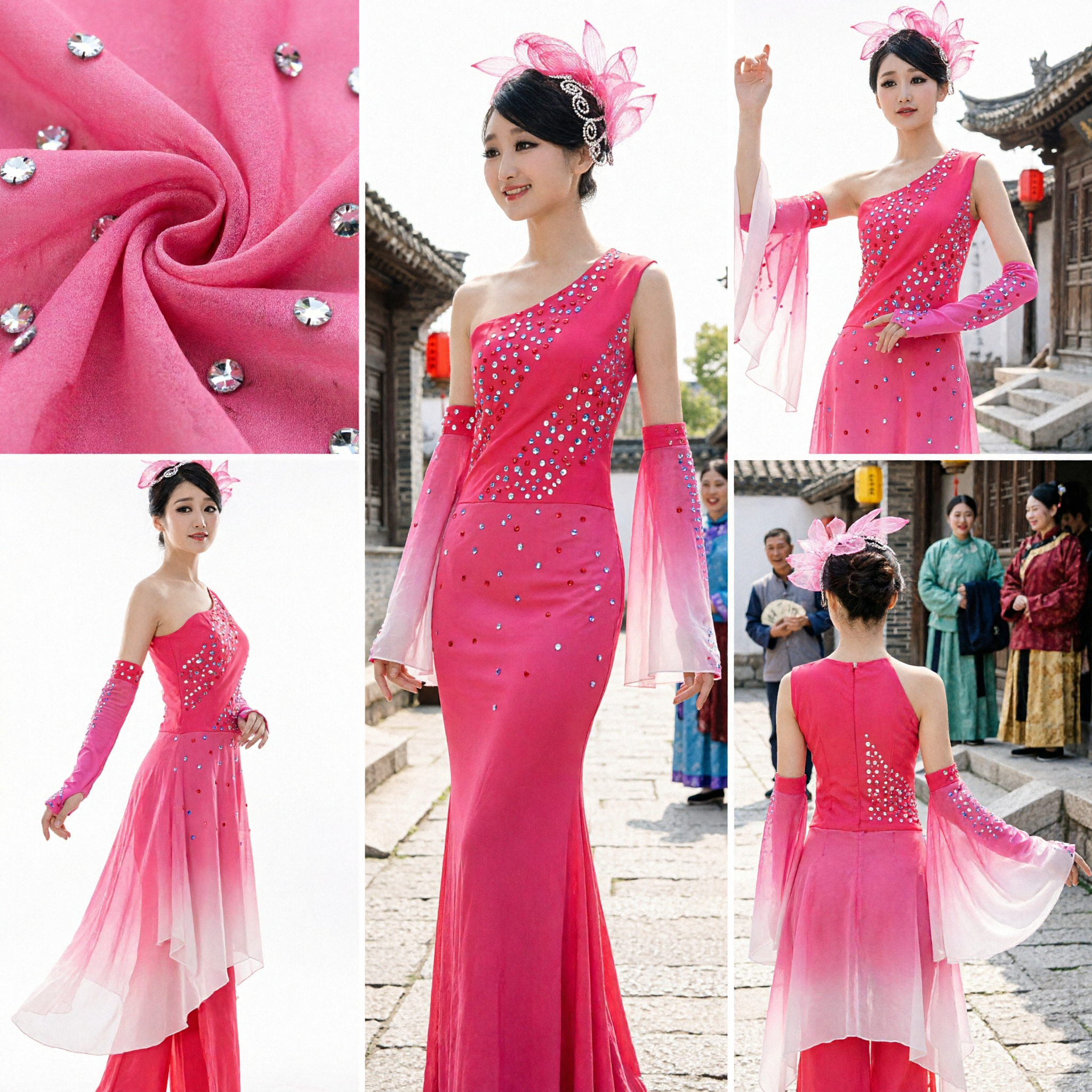 Women's Pink Ombre One-Shoulder Chinese Folk Dance Costume Rhinestone Stage Performance Dress with Headpiece - Asian Costume