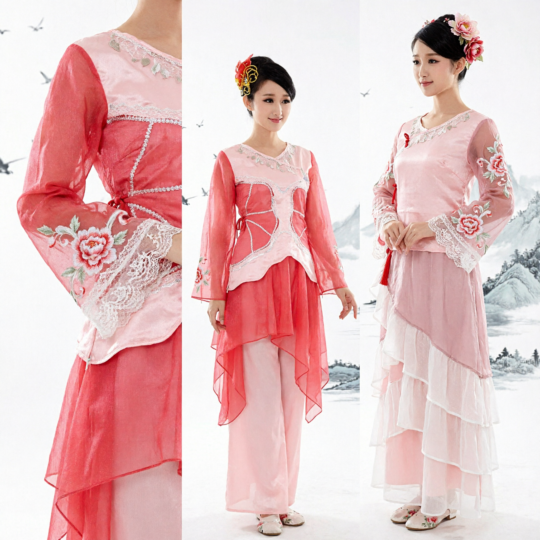 Traditional Chinese Folk Dance Costume Pink Lotus Flower Stage Performance Dress for Women - Asian Costume