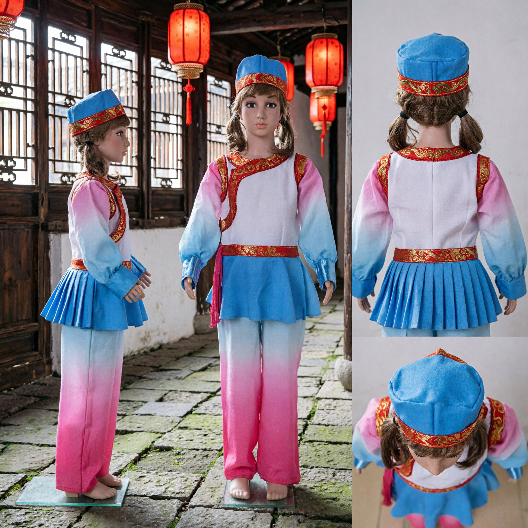 Traditional Chinese Folk Dance Costume for Kids Colorful Ethnic Stage Performance Outfit with Matching Hat - Asian Costume