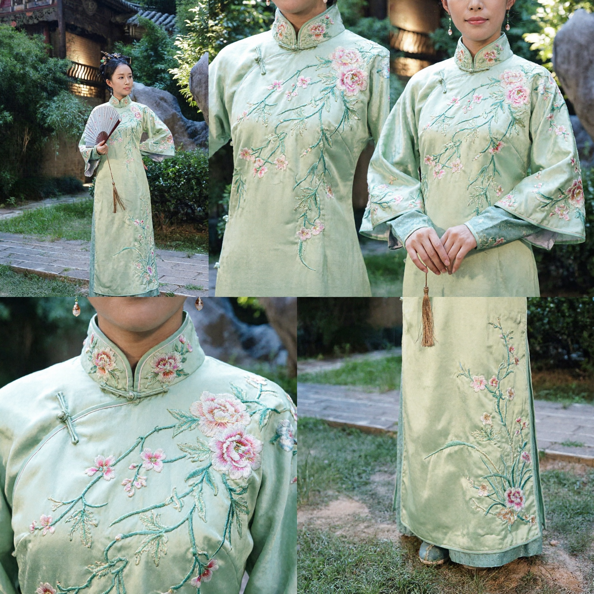 Chinese Ancient Ming Dynasty Hanfu Pale Green Embroidered Long Robe Traditional Costume for Women Cosplay - Asian Costume