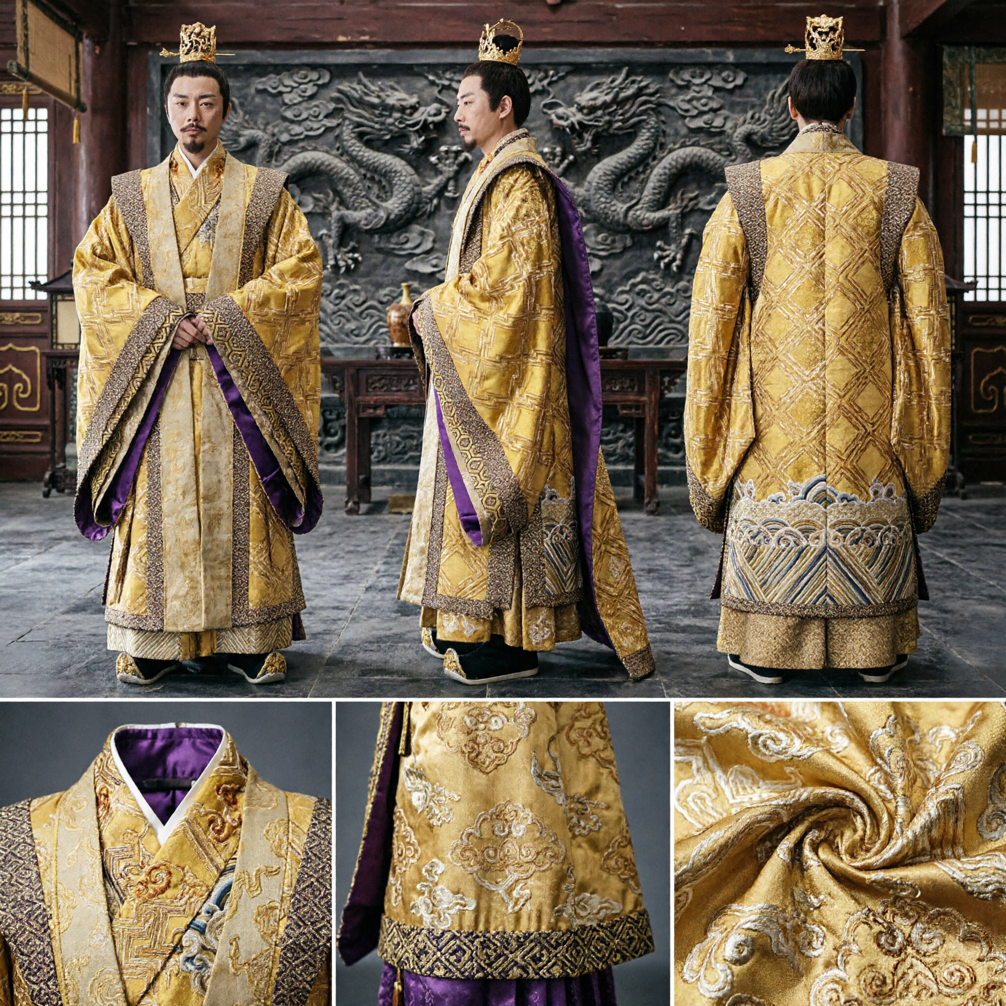Men's Traditional Chinese Emperor Costume Golden Brocade Robe Ancient King Hanfu for Cosplay Performance - Asian Costume