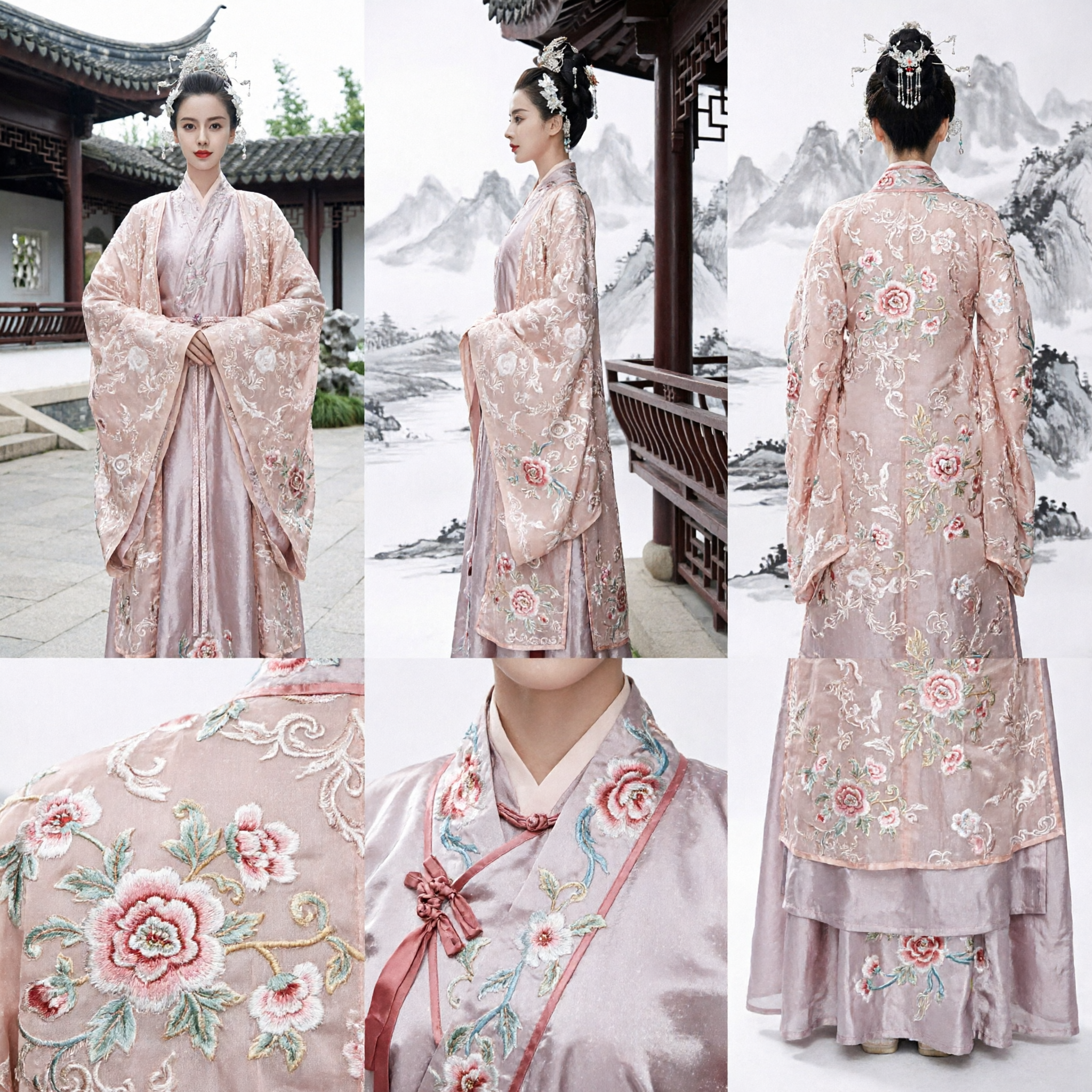 Ancient Chinese Princess Hanfu Costume Pink Floral Embroidered Historical Dress for Women Cosplay - Asian Costume