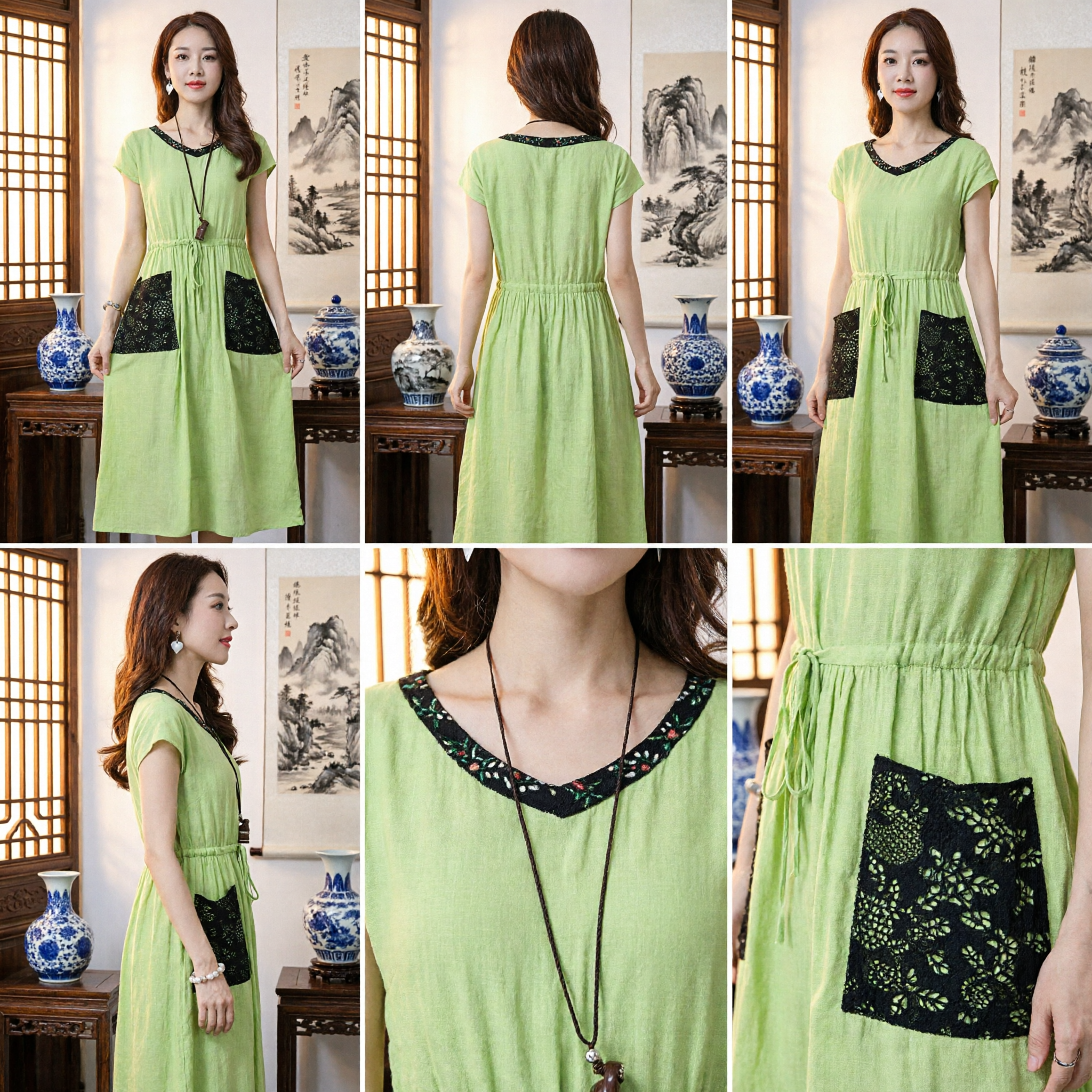 Women's Casual Green Linen Dress Summer Loose Fit Ethnic Style Maxi Dress with Black Lace Pockets - Asian Costume