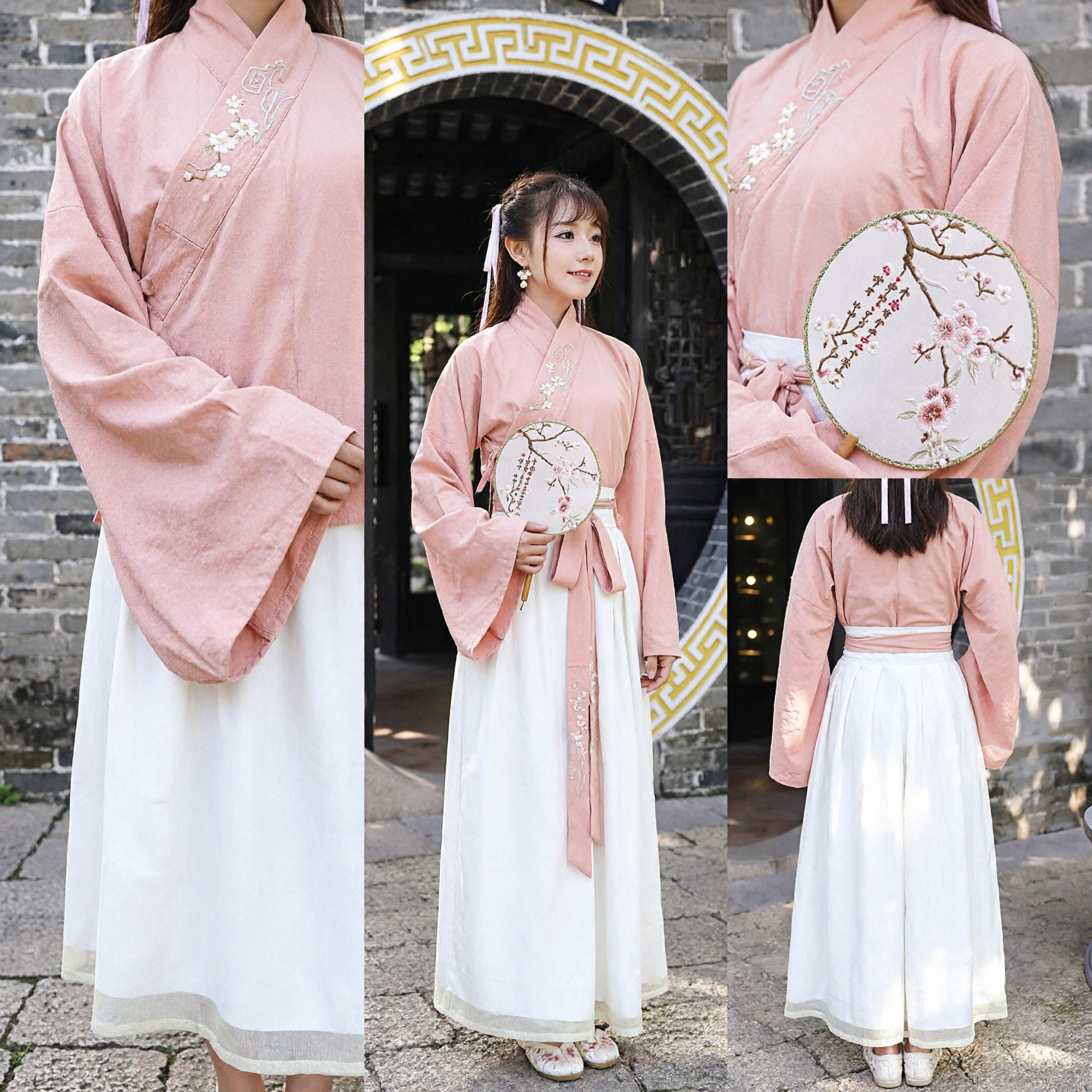 Traditional Chinese Hanfu Costume Pink Embroidered Cross-Collar Top and White Skirt Set for Women Historical Cosplay - Asian Costume