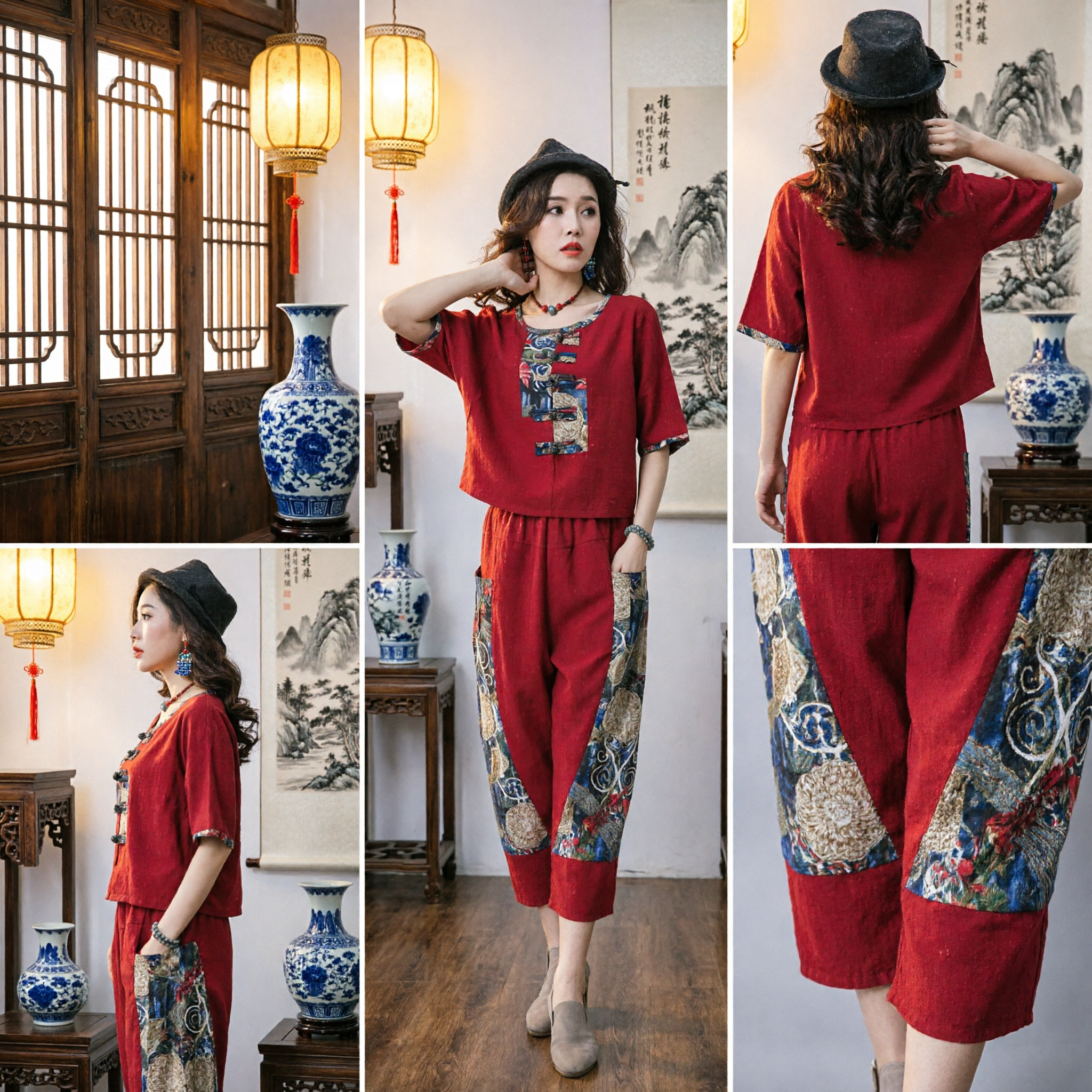 Women's Vintage Chinese Style Tang Suit Two-Piece Set Loose Linen Embroidery Patchwork Top and Pants - Asian Costume