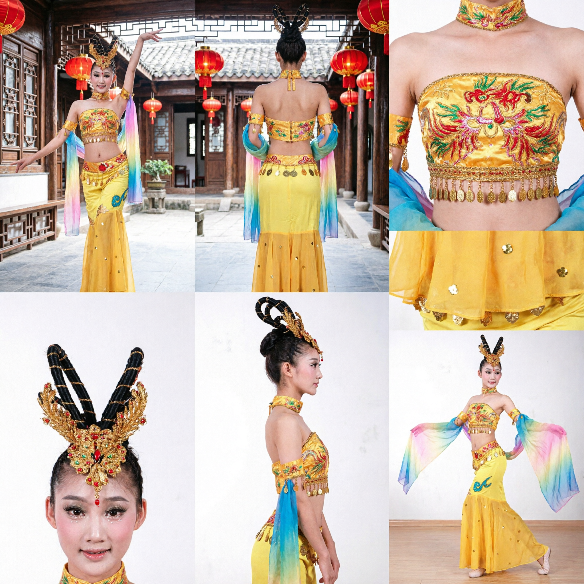 Yellow Chinese Classical Dance Costume for Girls Kids Dunhuang Flying Apsara Ribbon Stage Performance Dress - Asian Costume