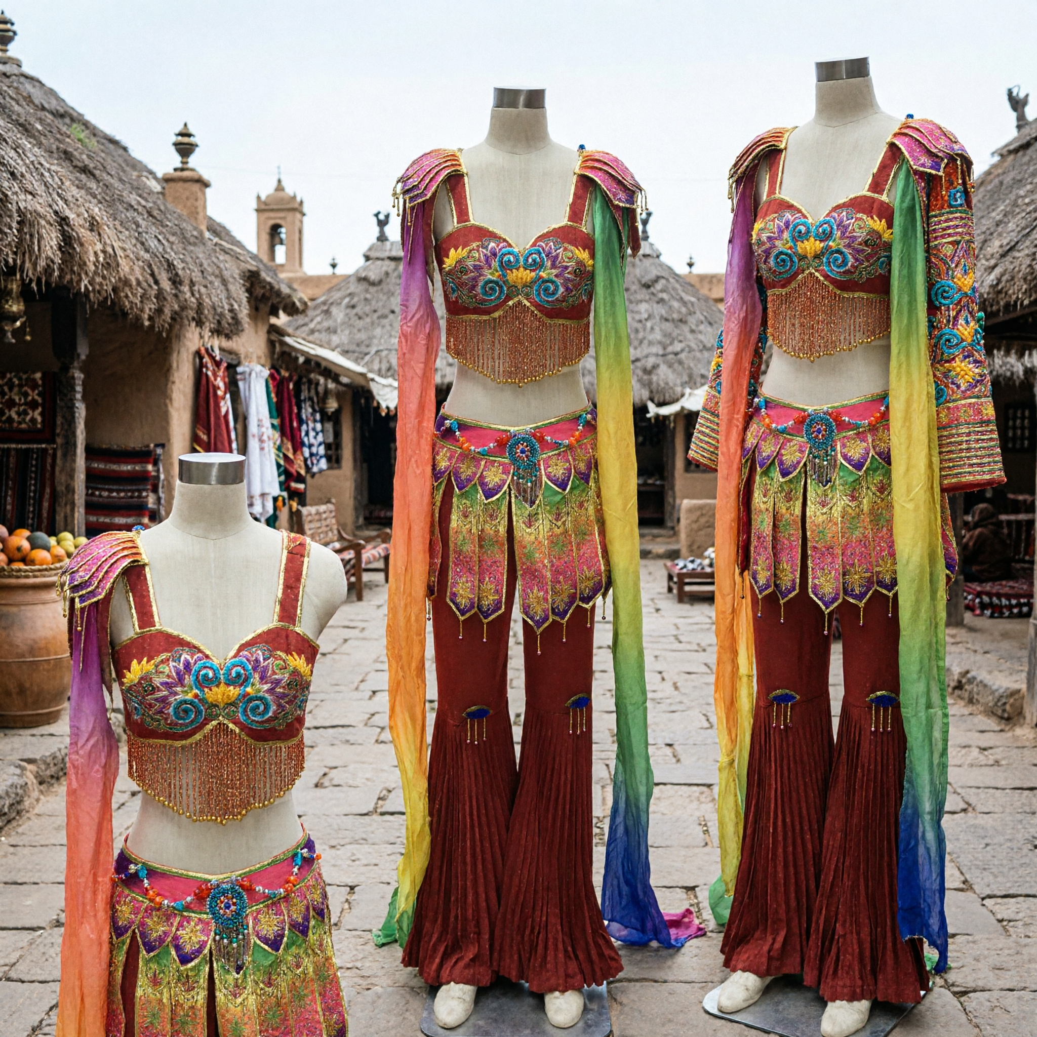Traditional Chinese Dai Peacock Dance Costume for Women Stage Performance with Rainbow Sleeves and Gold Fringe - Asian Costume