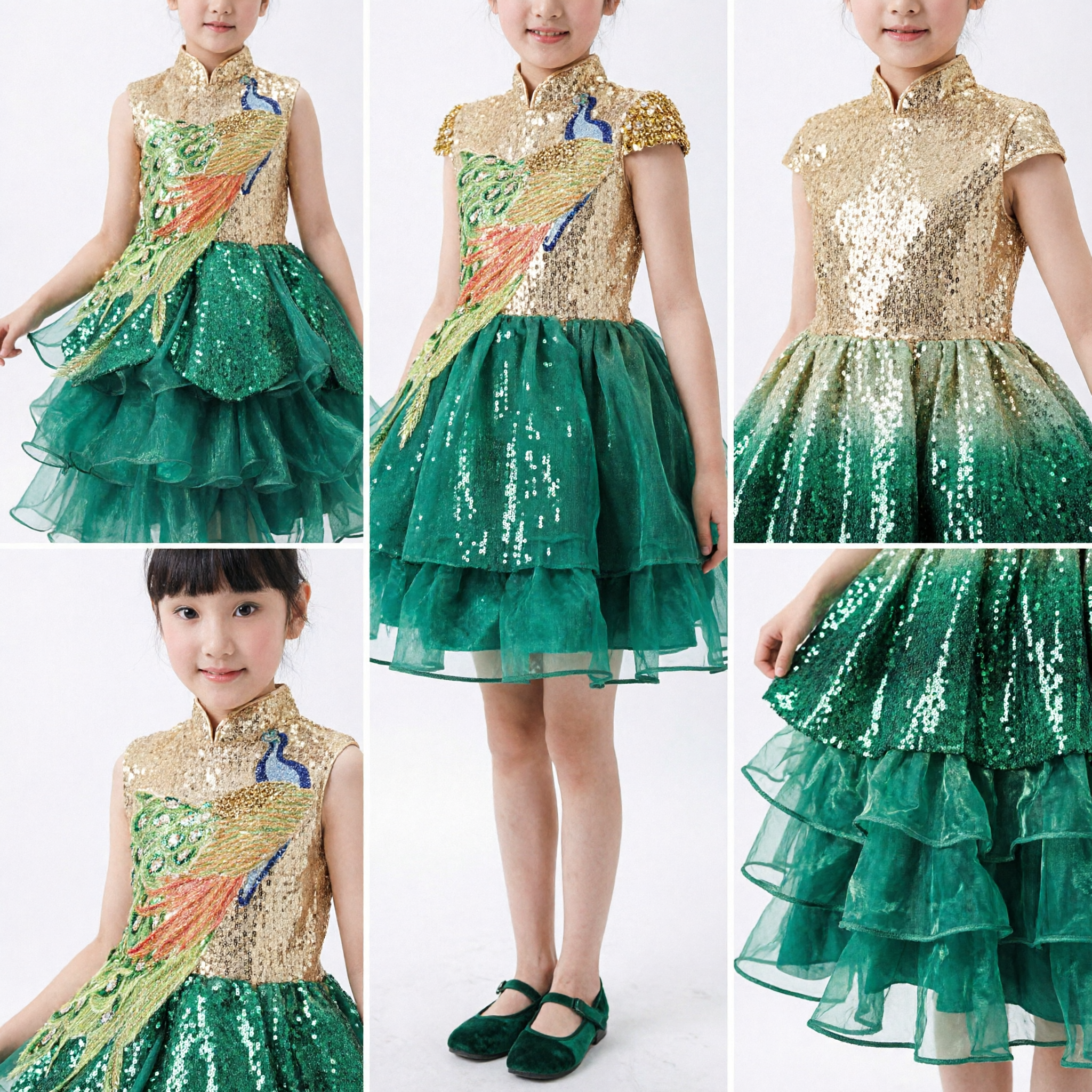 Girls Peacock Dance Costume Green Sequin Stage Dress Traditional Chinese Folk Performance Outfit for Kids - Asian Costume
