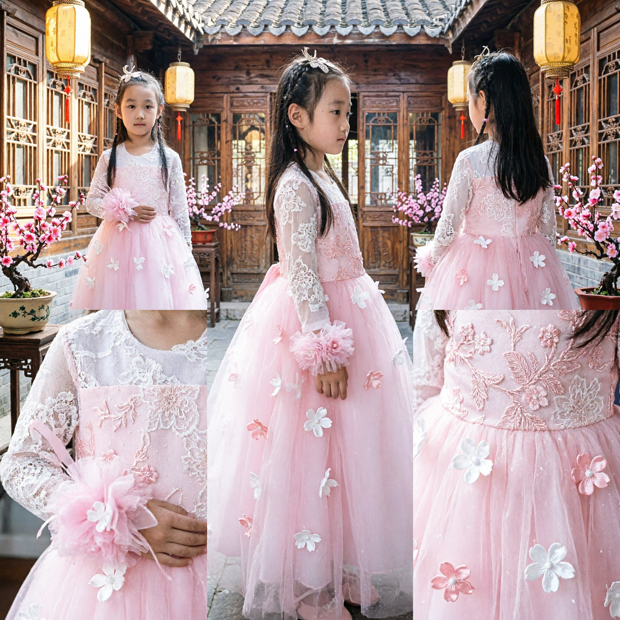 Pink Korean Hanbok Dress for Girls Traditional Lace Top Tulle Skirt Butterfly Wedding Flower Girl Costume - Asian Costume