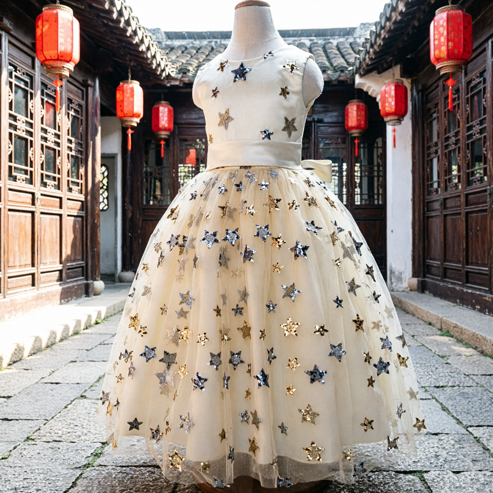 Kids Girls Princess Ball Gown Star Sequin Tulle Dress for Wedding Flower Girl Party - Asian Costume