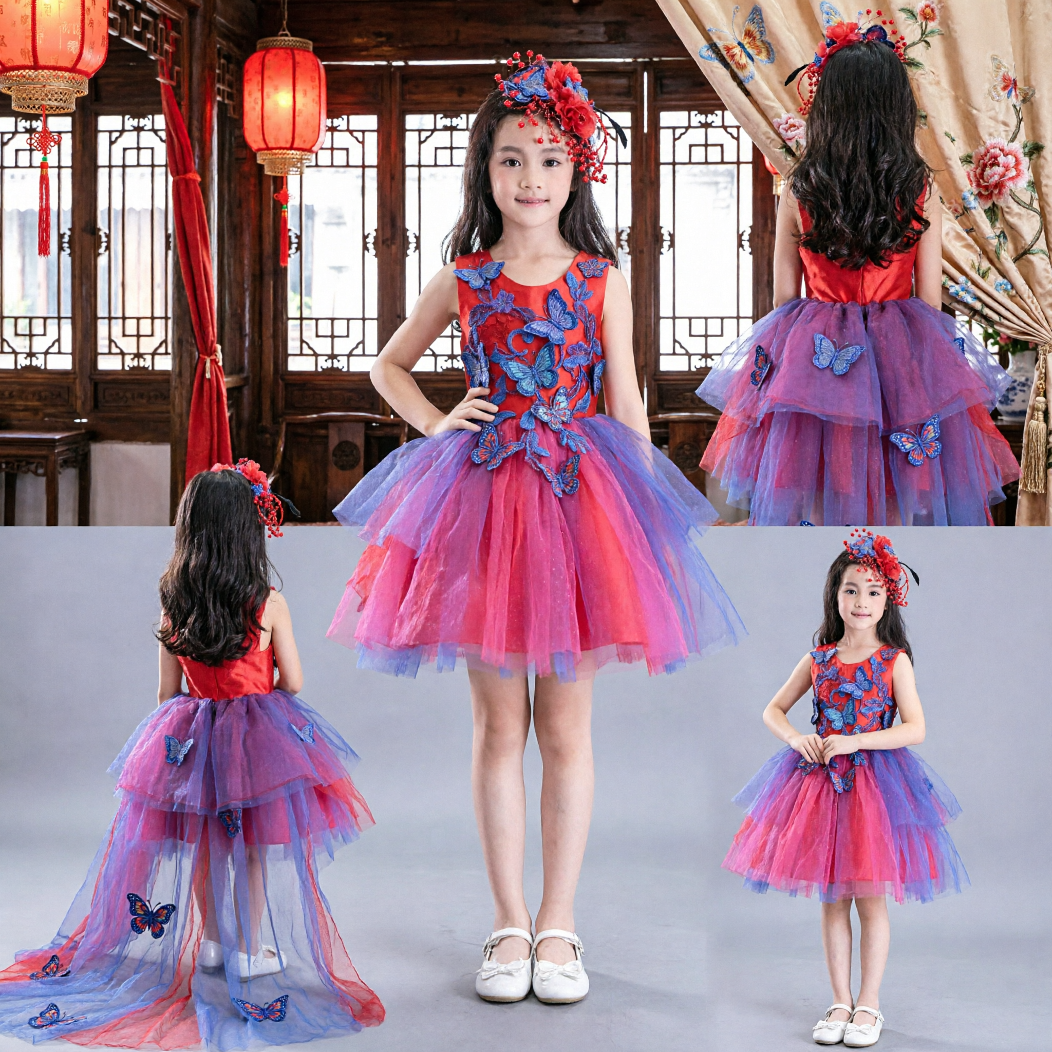 Girls Modern Butterfly Dance Costume Colorful Tulle Stage Performance Dress for Kids with Headpiece - Asian Costume