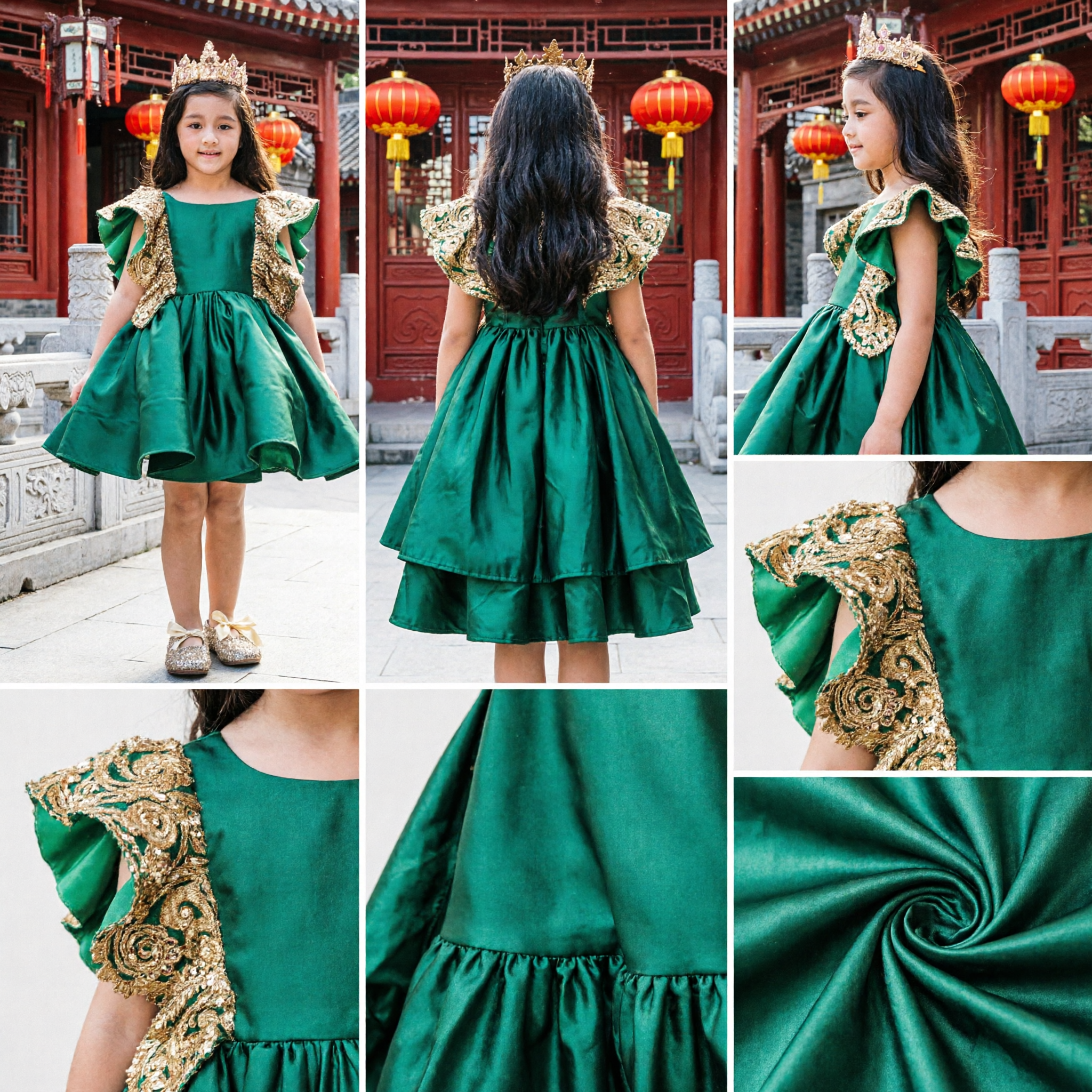 Girls Emerald Green Princess Dress with Gold Sequin Ruffle Sleeves for Pageant Performance Costume - Asian Costume