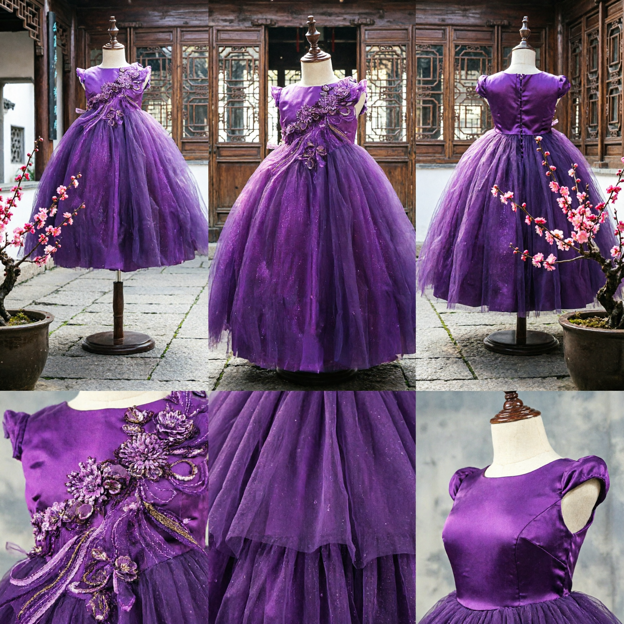Girls Purple Formal Ball Gown with 3D Floral Applique and Glitter Tulle Skirt for Wedding Flower Girl - Asian Costume