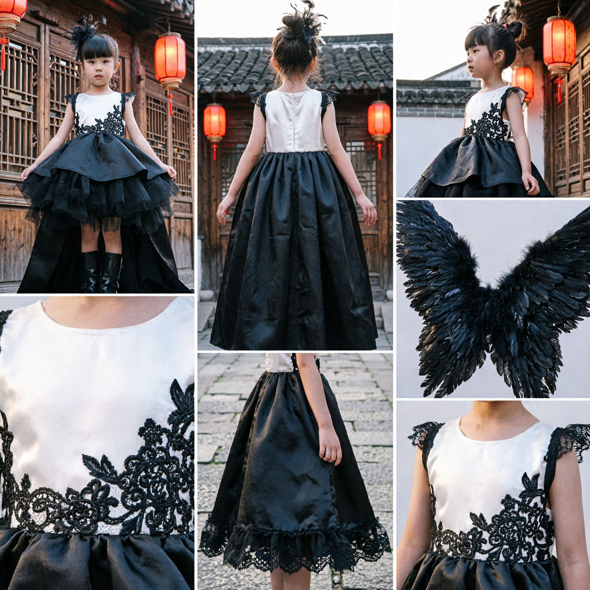 Kids Black Angel Wings Costume Runway Performance Dress with Feathers for Girls Stage Show - Asian Costume