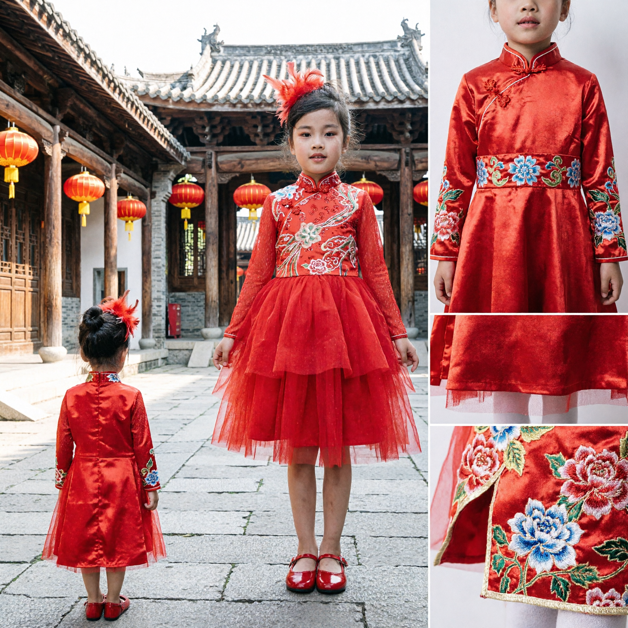 Kids Red Sequin Long Sleeve Tulle Tutu Dress for Stage Performance and Dance Show - Asian Costume