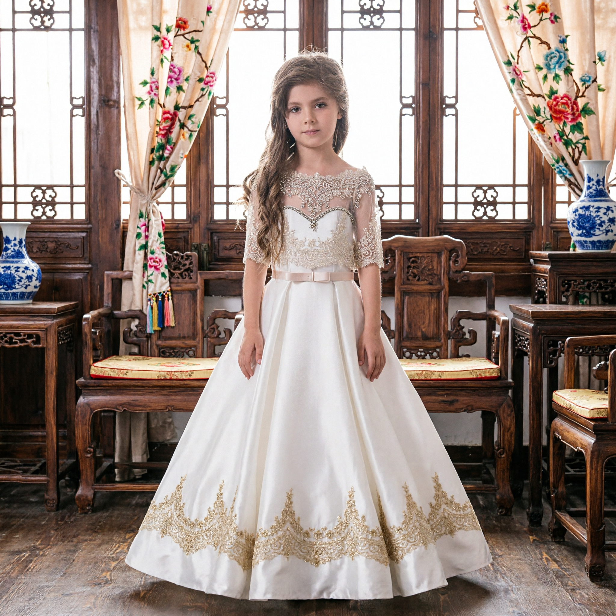 Elegant Ivory Lace Flower Girl Dress with Short Sleeves for Wedding First Communion Pageant Gown - Asian Costume