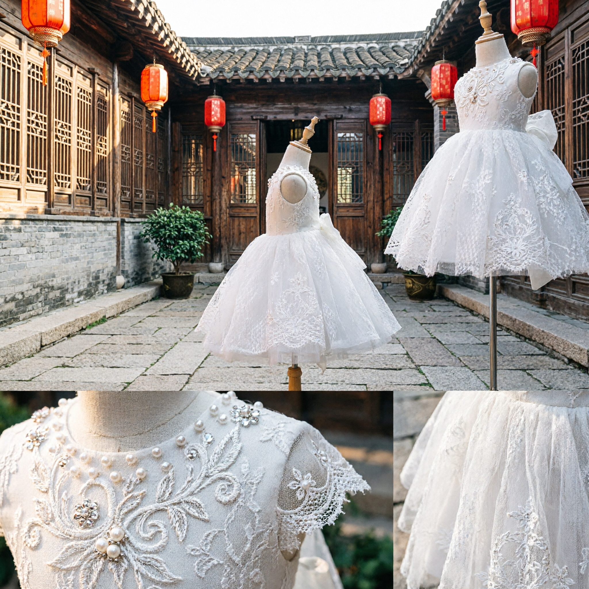 Elegant White Lace Flower Girl Dress Princess First Communion Gown for Toddler Kids Wedding Party - Asian Costume