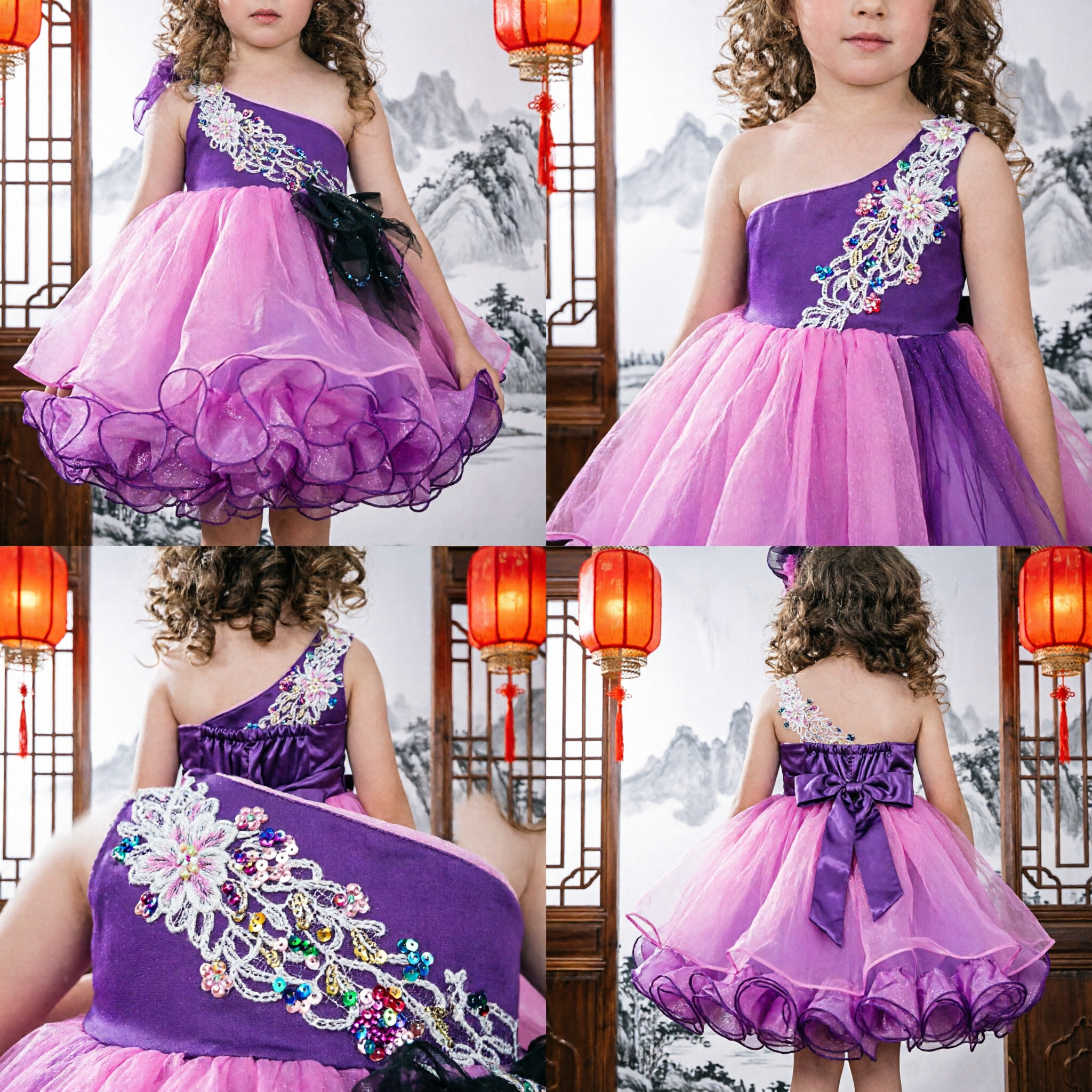 Girls Purple One Shoulder Beaded Bodice Pink Ruffled Petal Skirt Dress Pageant Party Costume - Asian Costume