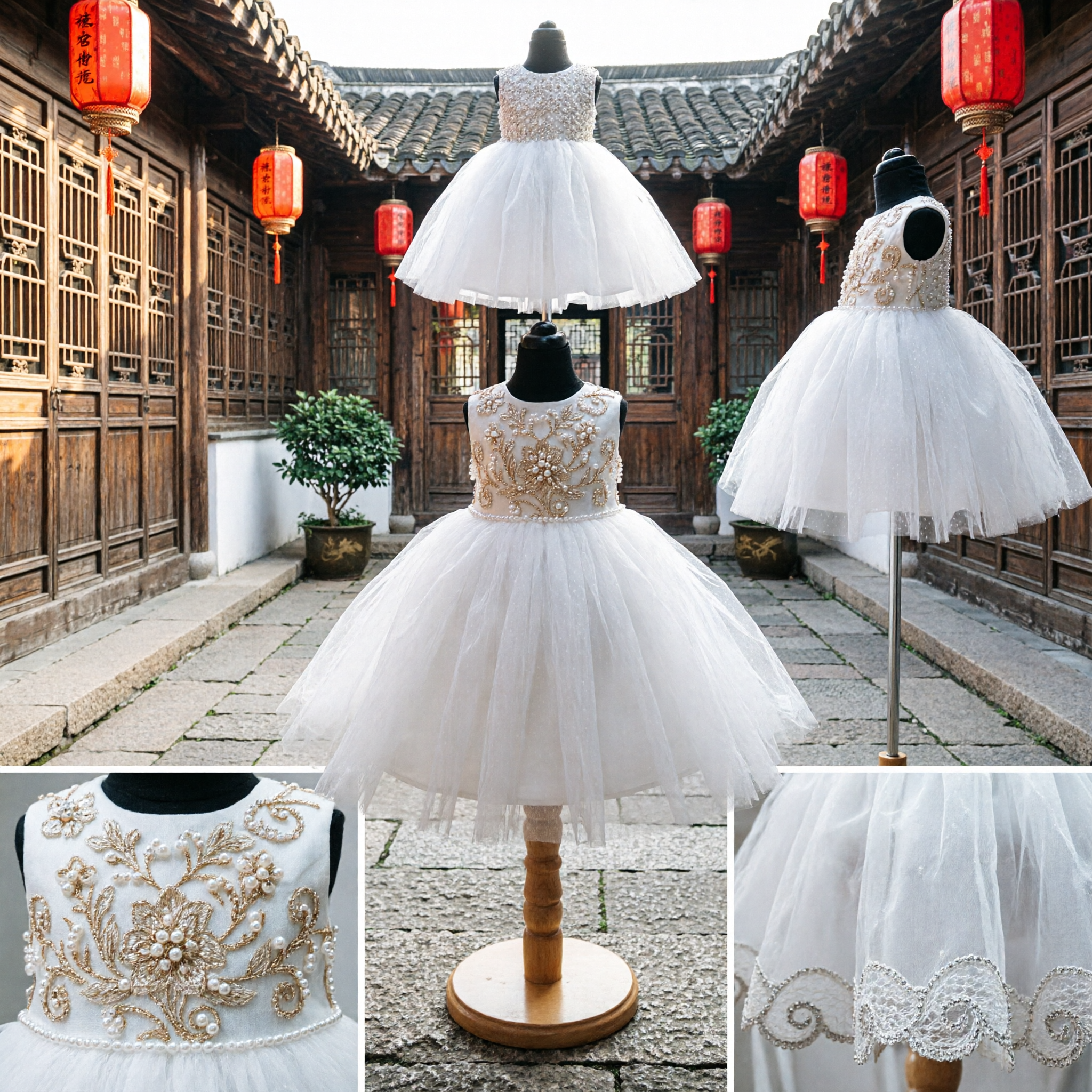 Elegant White Tulle Flower Girl Princess Ball Gown with Beaded Bodice for Wedding Pageant - Asian Costume