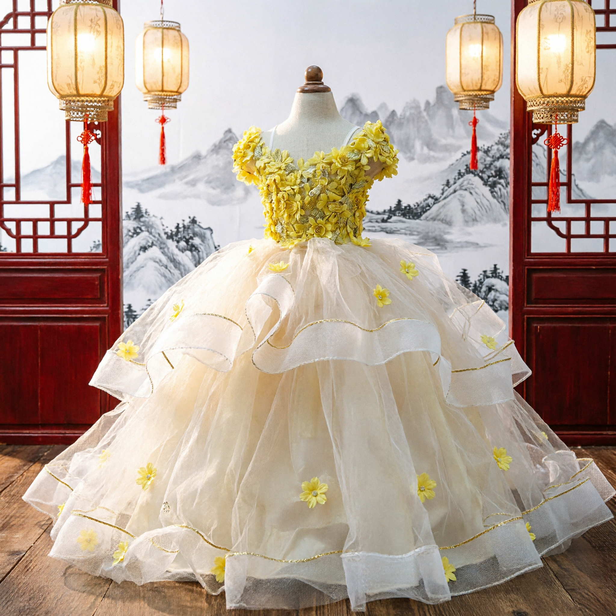 Elegant Yellow 3D Floral Appliqué Ball Gown Dress for Little Girls Wedding Flower Girl Pageant - Asian Costume