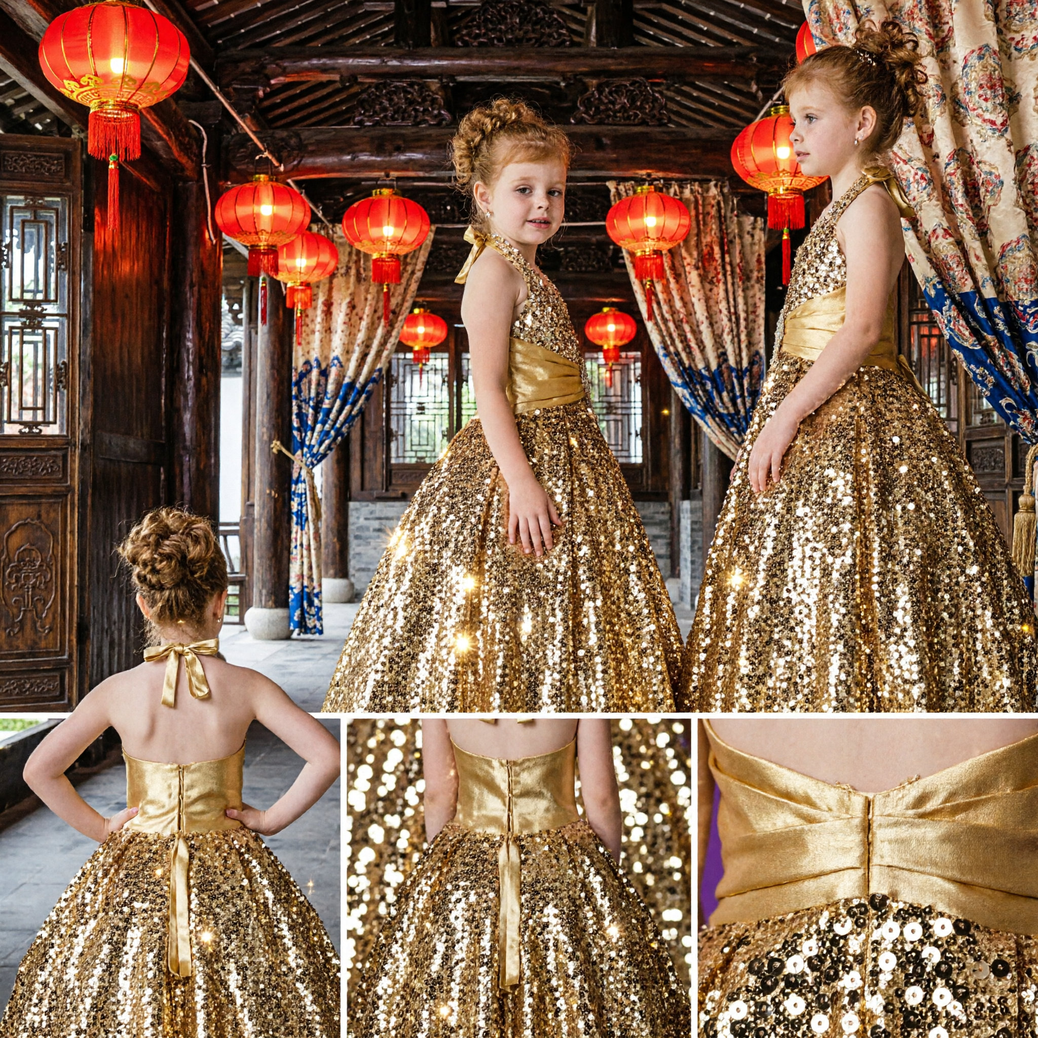 Girls Gold Sequin Halter Neck Formal Ball Gown for Wedding Party Pageant Performance - Asian Costume