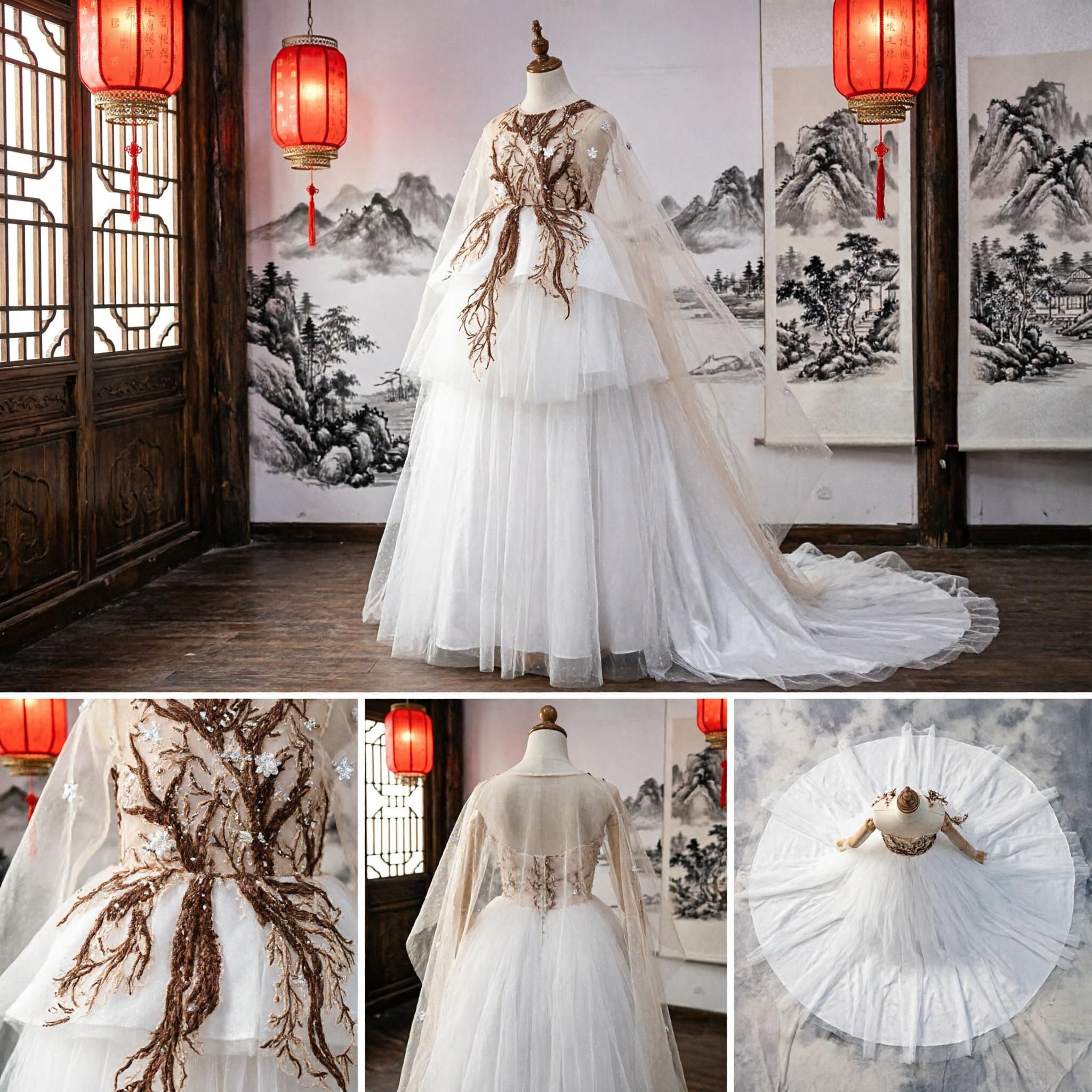 Fantasy Tree of Life White Wedding Dress with Branch Embroidery and Tulle Overlay for Bridal Stage Performance - Asian Costume