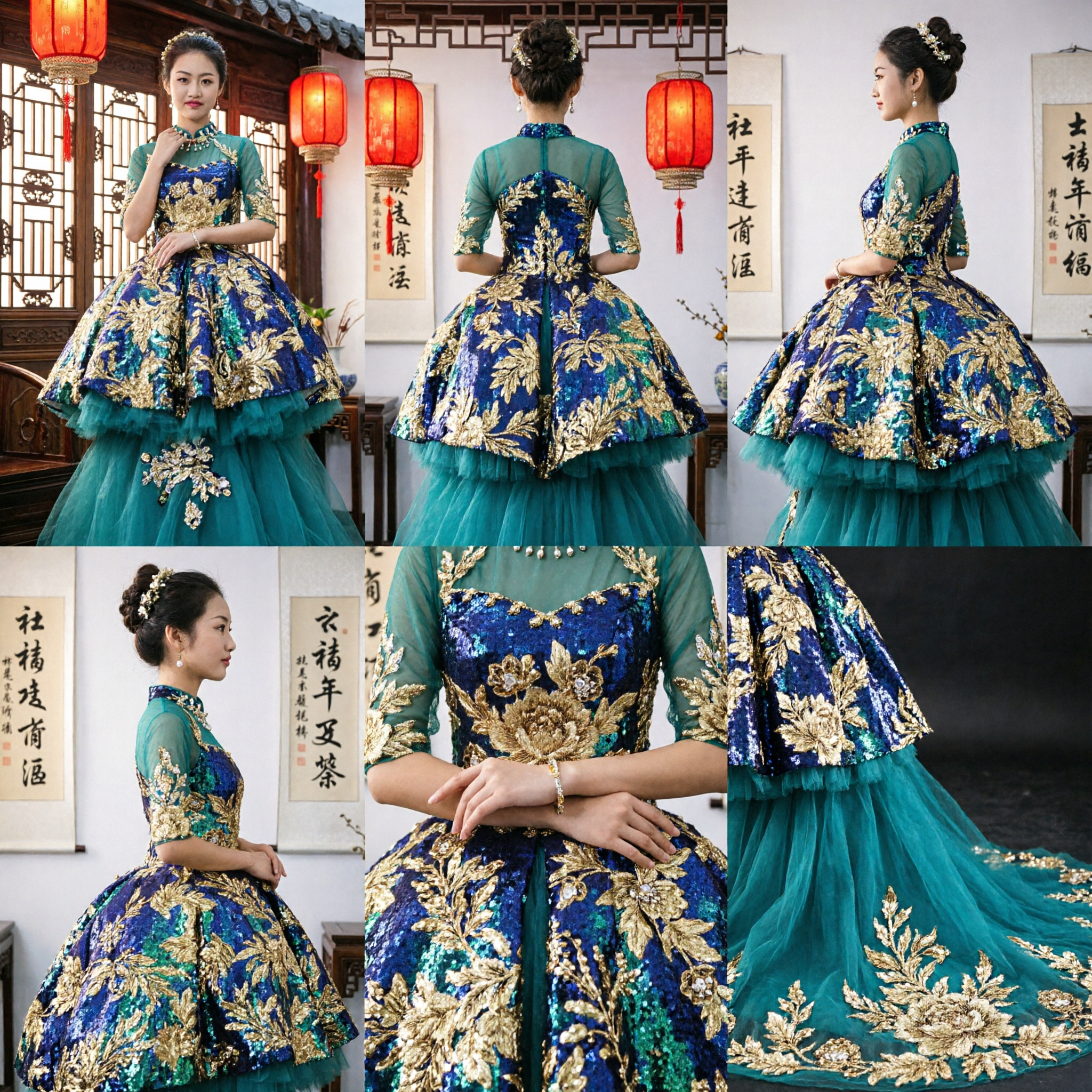 Elegant Green Peacock Embroidery Ballgown for Girls Traditional Chinese Stage Performance Hosting Costume - Asian Costume