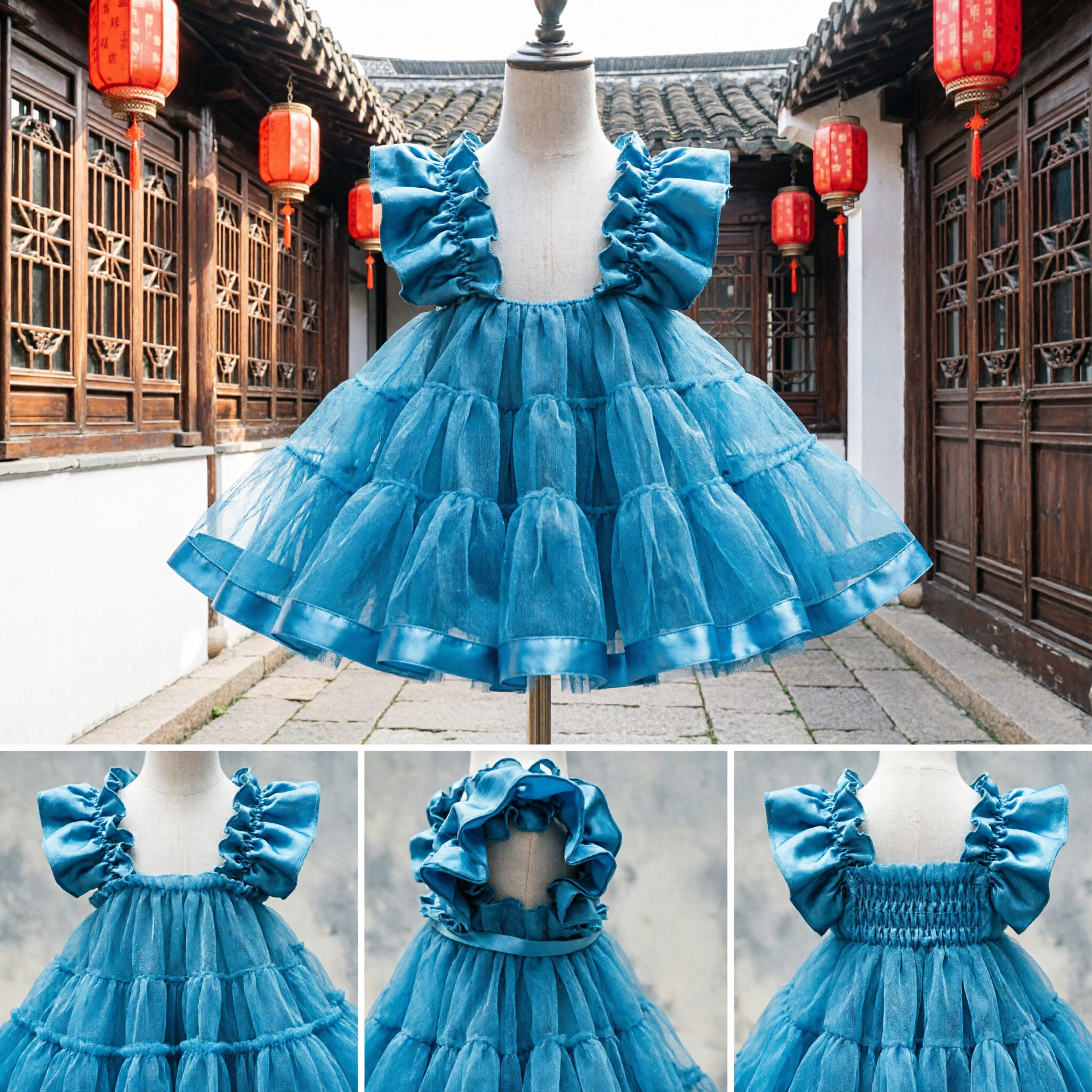Vibrant Blue Ruffled Layered Dress Traditional Chinese Folk Dance Costume for Girls Stage Performance - Asian Costume