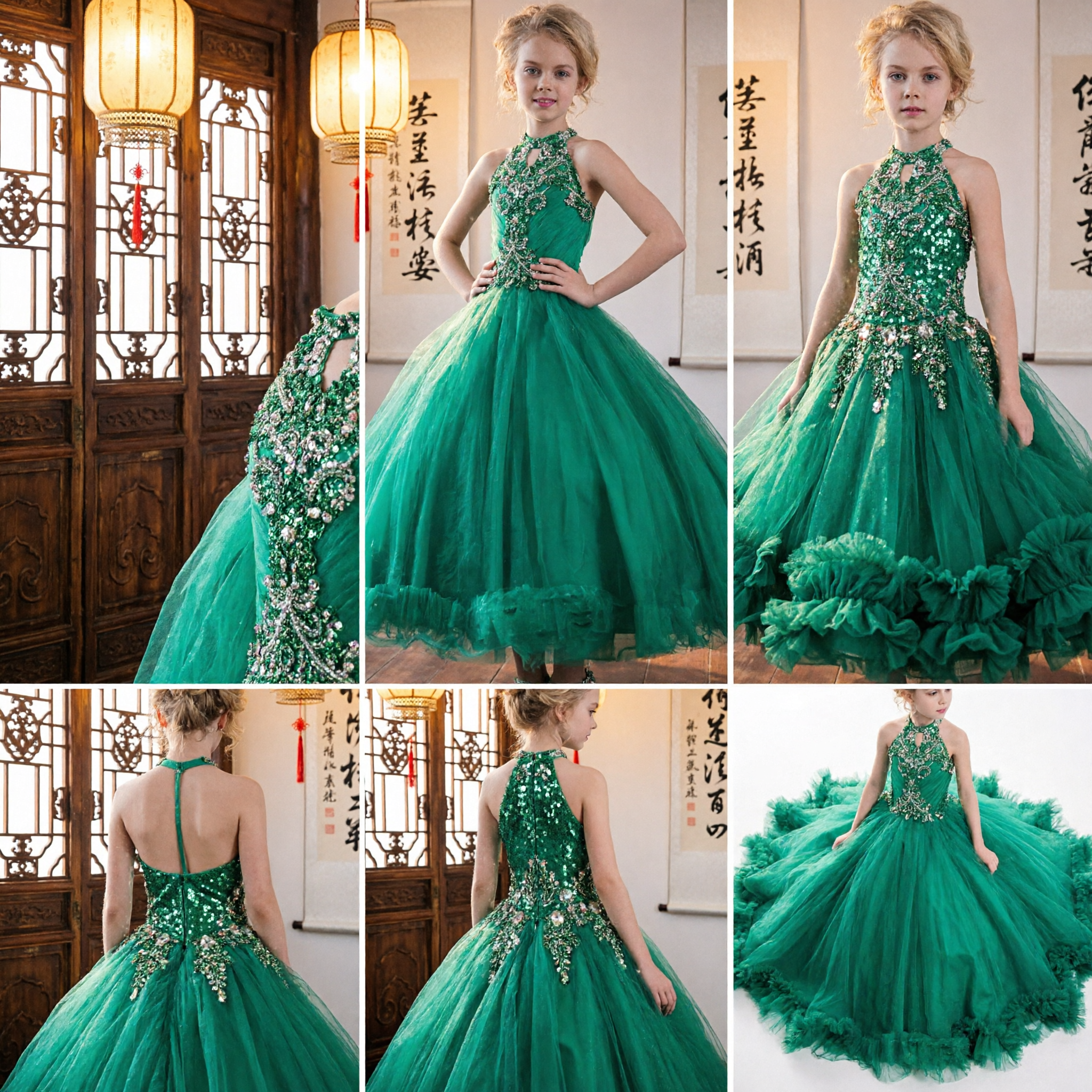 Girls Emerald Green Halter Neck Ball Gown Beaded Bodice Tulle Skirt Formal Wedding Pageant Dress - Asian Costume