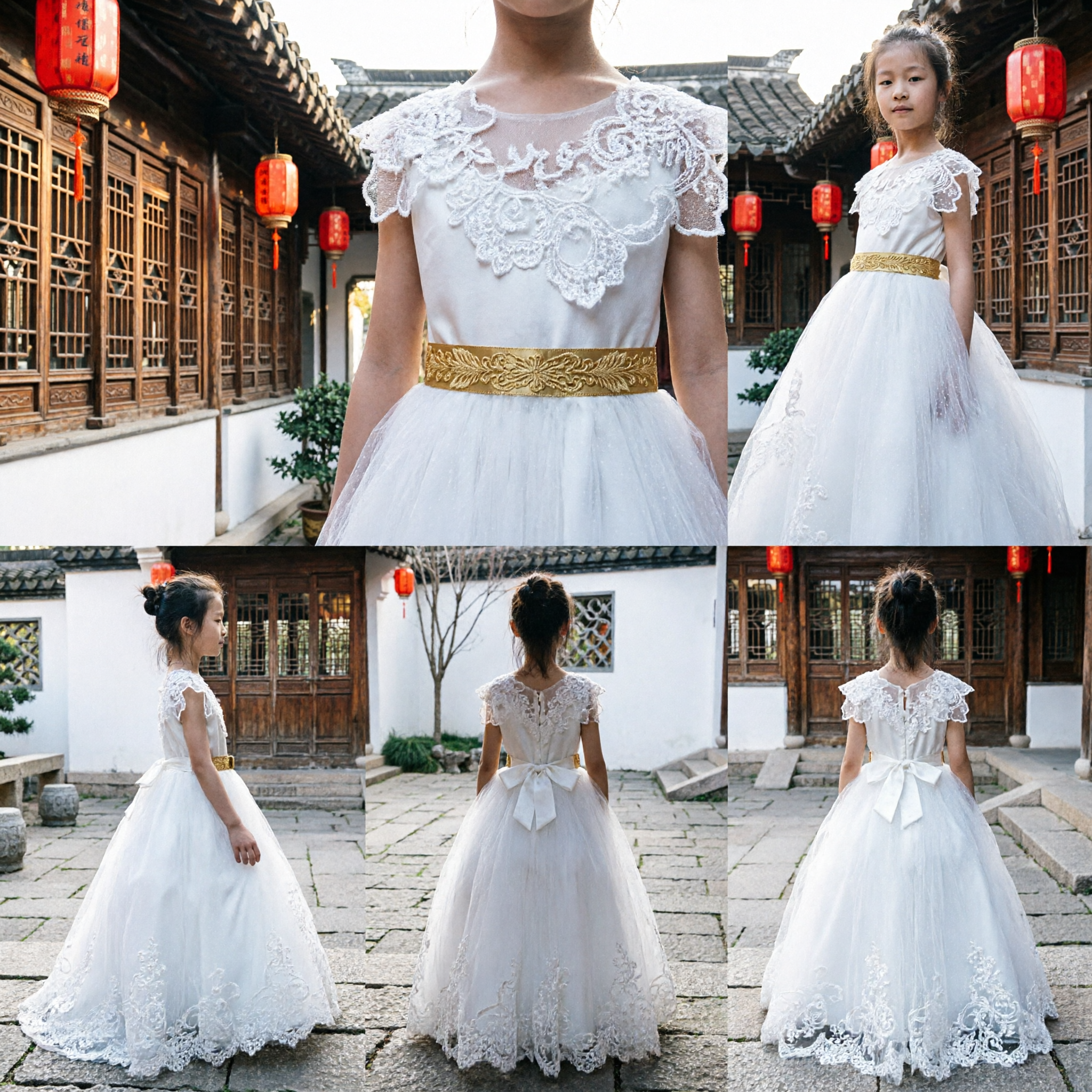 Elegant White Lace and Tulle Flower Girl Dress for Weddings, Parties, and First Communion - Asian Costume