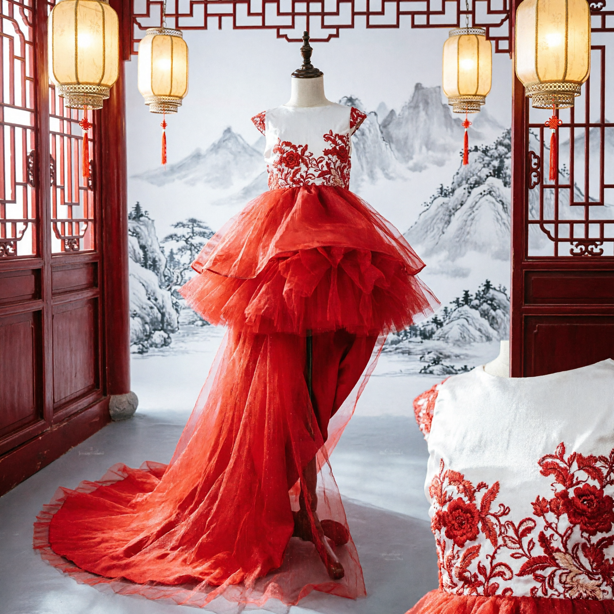 Kids Girls Red and White Floral Lace Wedding Flower Girl Dress Princess Tulle Gown for Stage Performance - Asian Costume