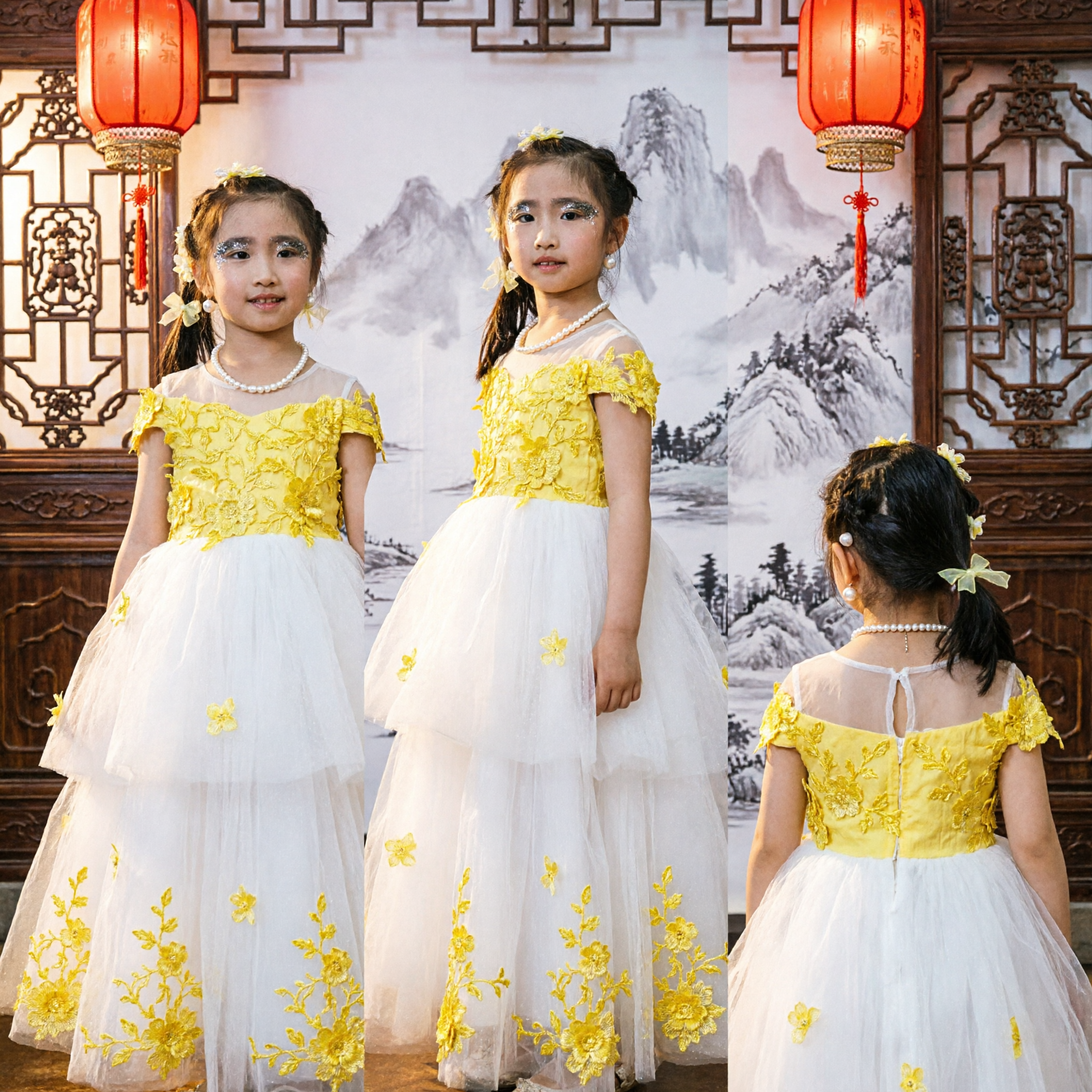 Girls Yellow Lace Bodice White Tulle Flower Girl Dress Long Ballgown for Wedding Pageant - Asian Costume