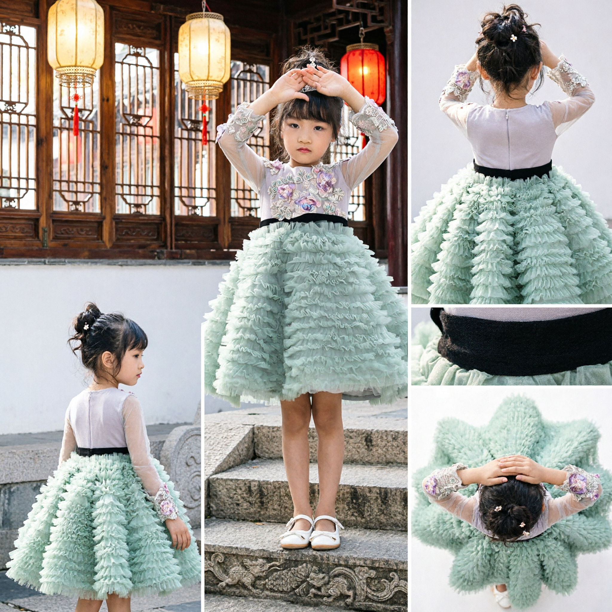 Girls Floral Embroidery Long Sleeve Tulle Princess Dress for Wedding Party Flower Girl Formal Gown - Asian Costume